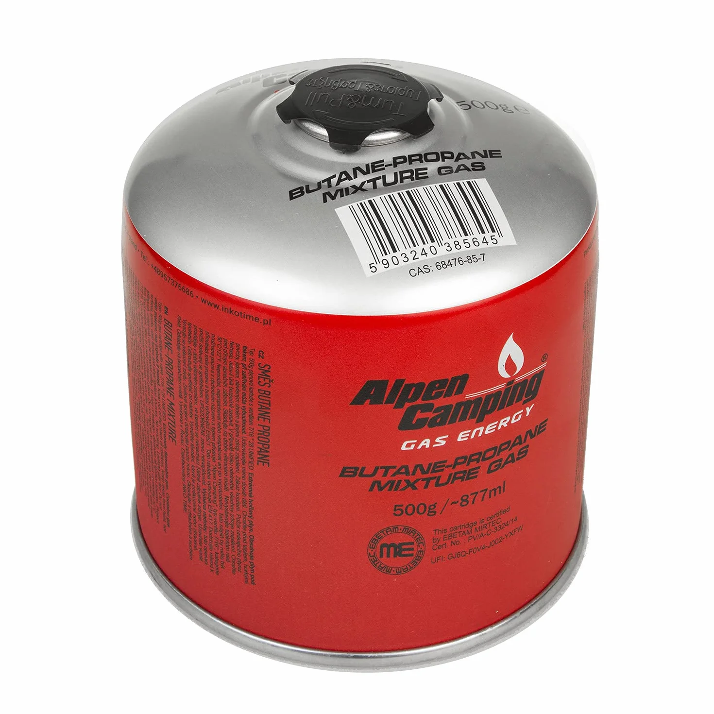 Alpen Camping IK008 6 x 877 ml / 500 g kartusze gazowe z propan-butanem z przyłączem 7/16" do kuchenek gazowych, kuchenek kempingowych, palników lutowniczych Bunsena, EN417 (6)