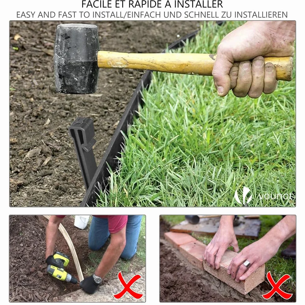 VOUNOT PE Obrzeże Ogrodowe 20 Metrów z 12 Kołkami do Zakotwiczenia Elastyczna Obrzeże Trawnika Naturalny Wygląd Wysokość 13cm Grubość 4mm Szary