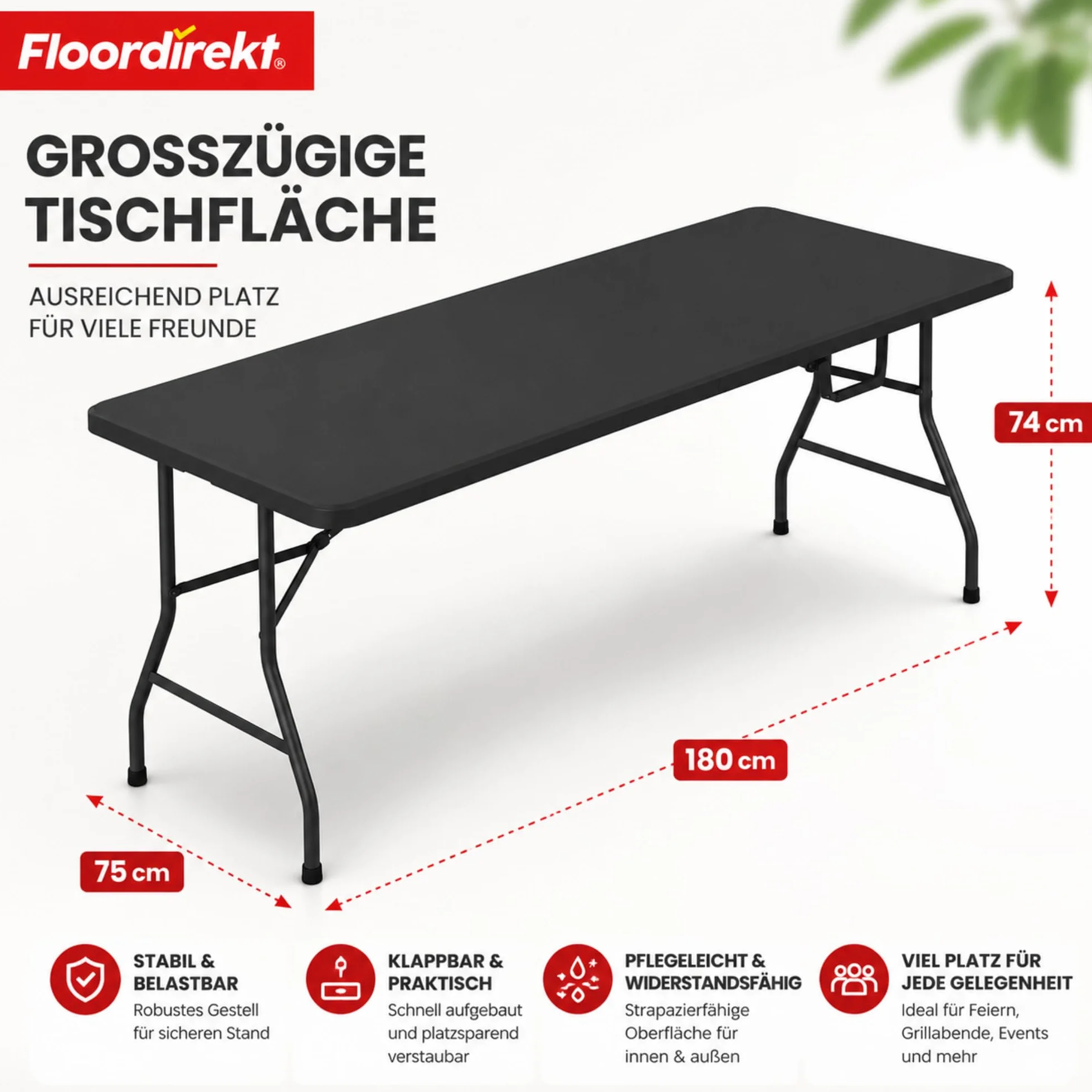 Floordirekt - Składany stół ogrodowy z tworzywa sztucznego 180 x 73 cm – stół bufetowy z uchwytem do noszenia – składany stół do ogrodu, na taras i balkon – stół kempingowy dla 6 osób (Kioto)