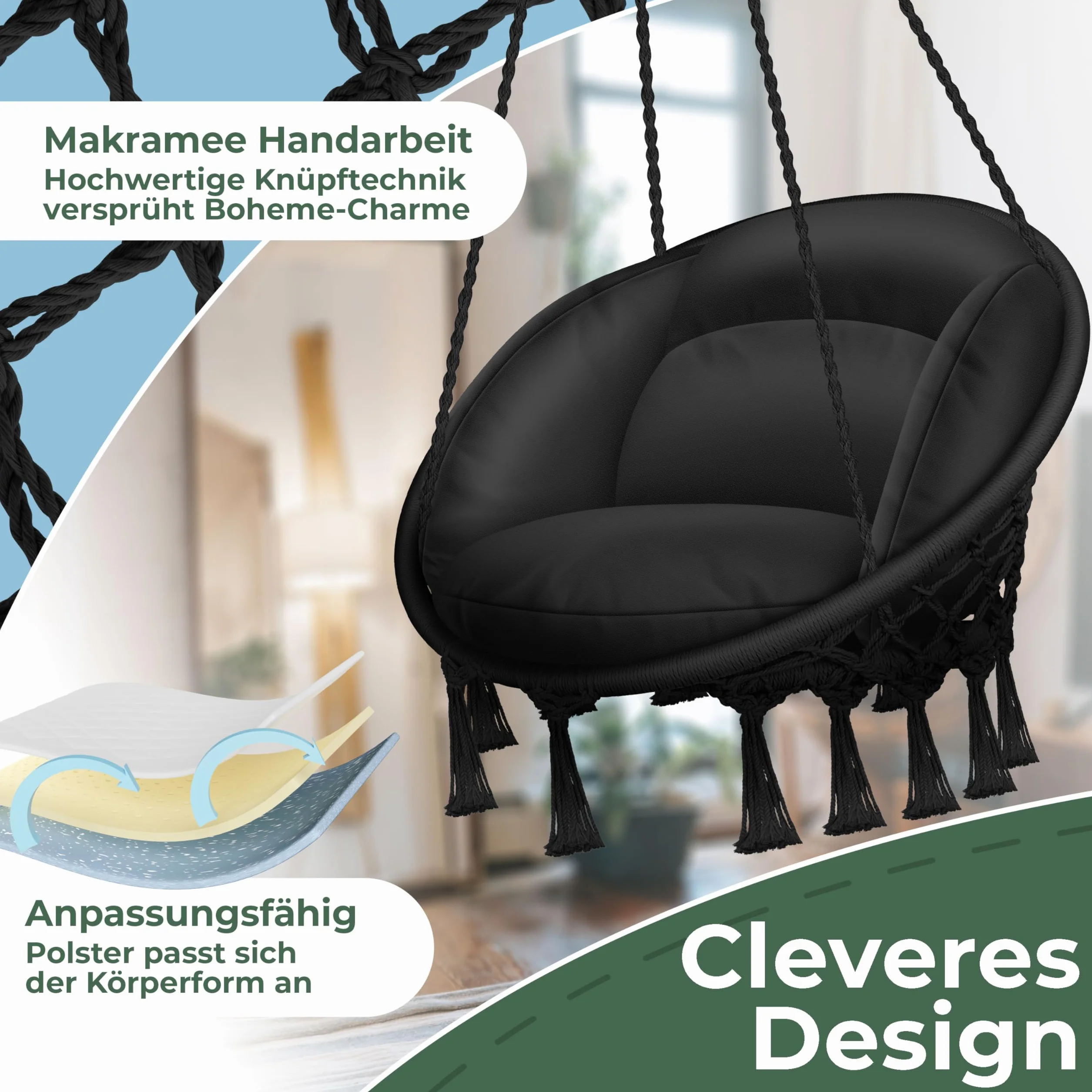 KESSER® Fotel wiszący z poduszką – Chill krzesło wiszące do zawieszenia dla dorosłych i dzieci, hamak do 150 kg, do zawieszenia wewnątrz i na zewnątrz, do salonu i ogrodu, na taras, czarny
