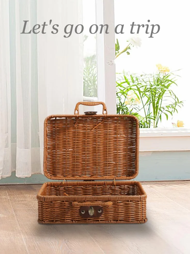 Rattanowy Kosz do Przechowywania Walizek Wiklinowy Retro Ręcznie Tkany z Uchwytami 29,5 x 21 x 12 cm