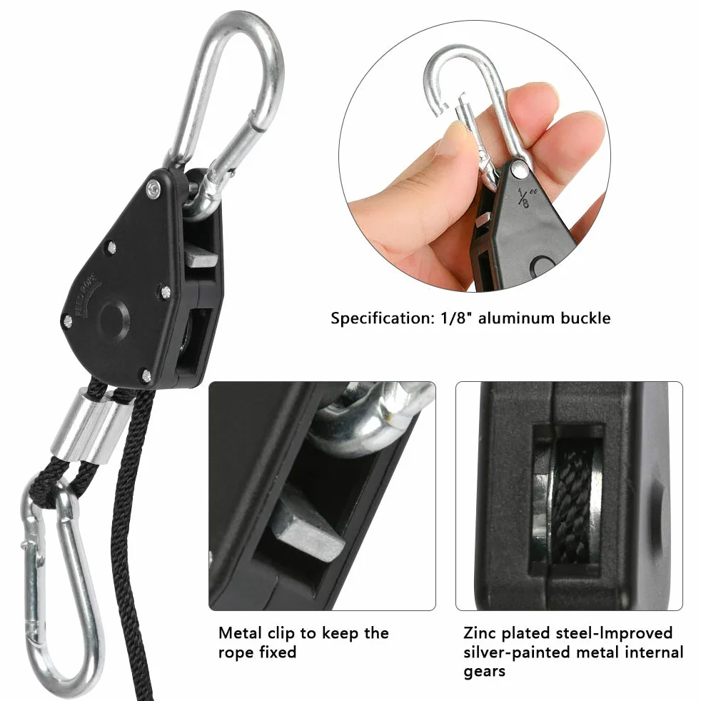 TIMESETL 4 sztuki Duty Heavy Rope grzechotka z hakiem, regulowana linka grzechotkowa do lampy roślinnej, 150 lb, regulowane woskowanie, linka zapadkowa, zawieszka