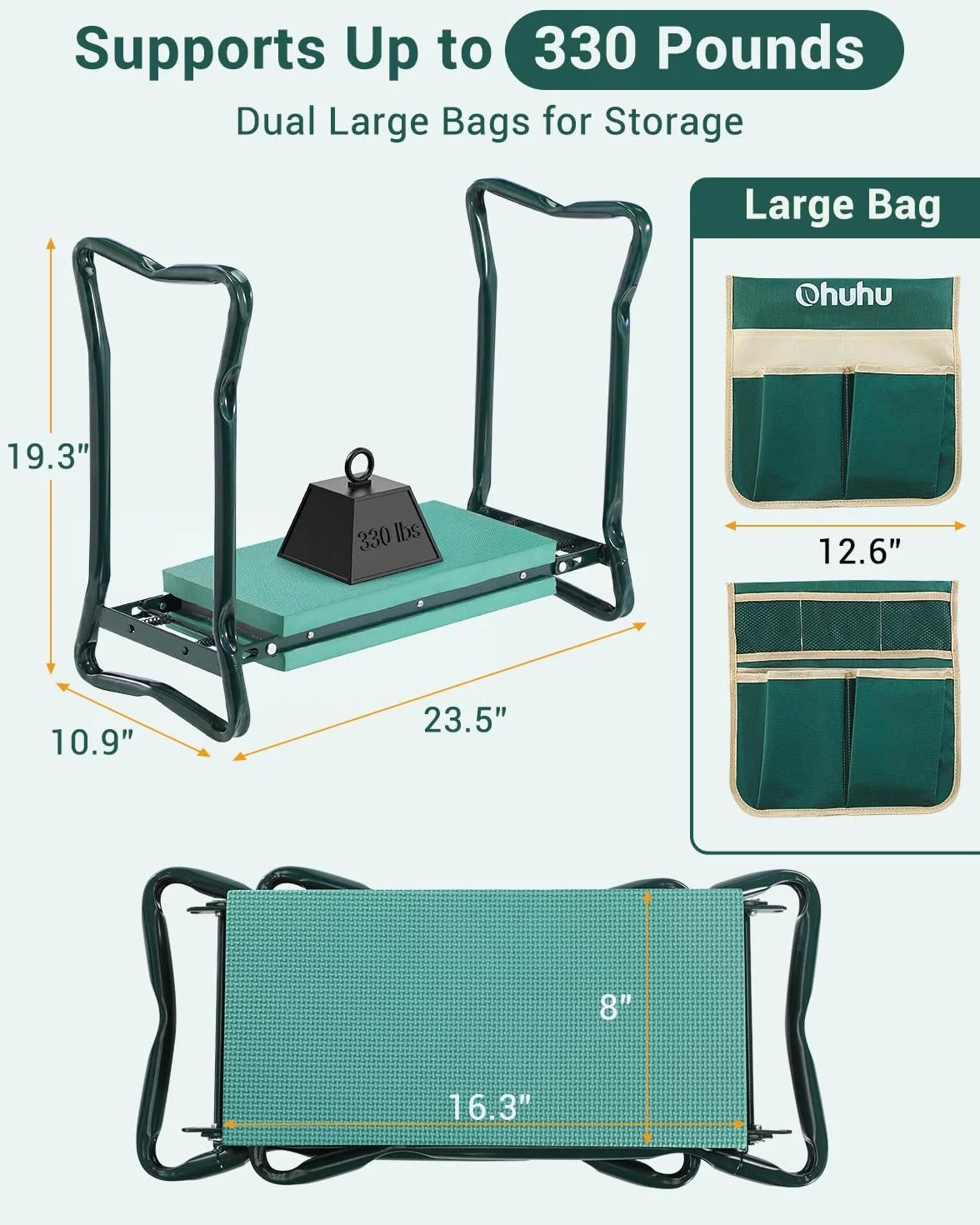 Ohuhu Ławka ogrodowa, stołek ogrodowy, z pogrubioną i poszerzoną poduszką z pianki EVA i 2 kieszeniami na narzędzia, ulepszona, składana, stołek ogrodowy, ławka do klęczenia, wybór dla rodziców