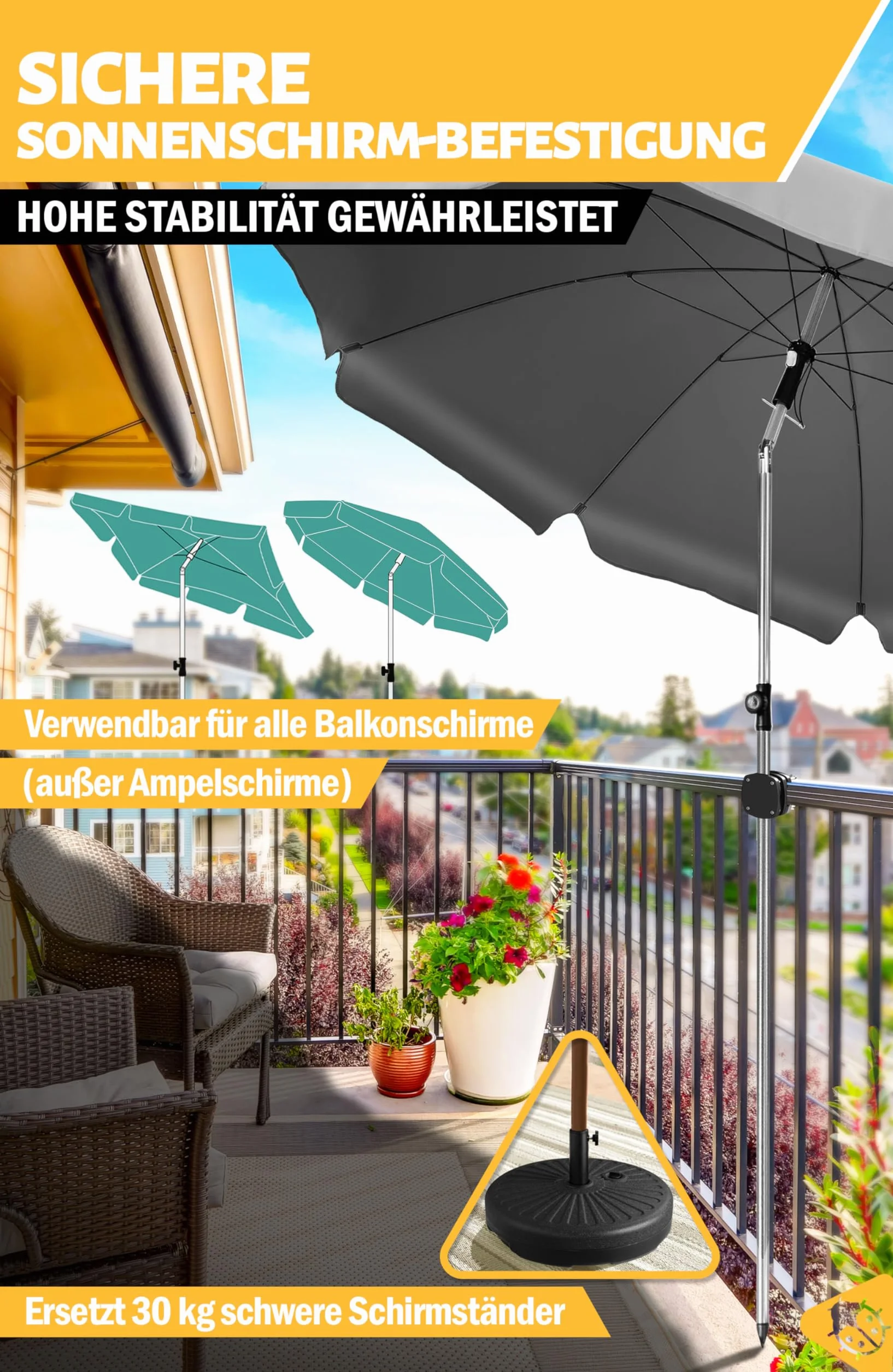 Menz SunnyBoy uchwyt na parasol przeciwsłoneczny, elastyczny w użyciu, kompaktowy uchwyt na parasol przeciwsłoneczny na balkon – uchwyt na balustradę balkonową zastępuje stojak na parasol balkonowy