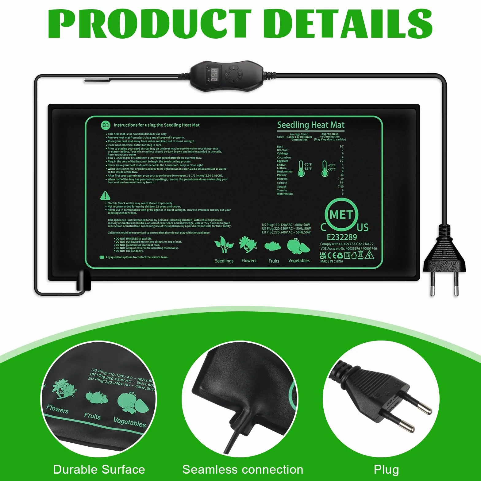 Mata grzewcza do roślin z termostatem 50 W 25 x 52 cm