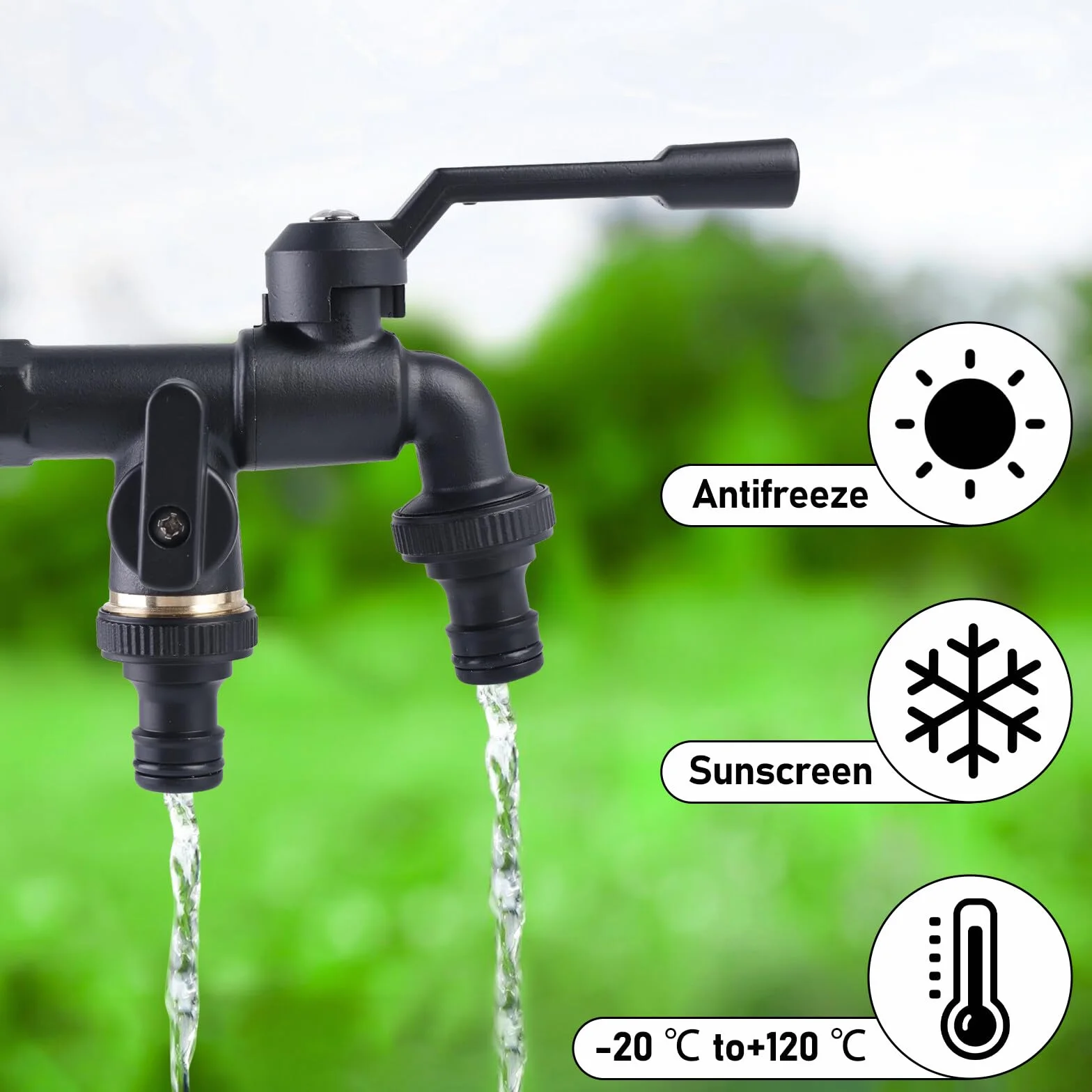 Uniwersalny kran ogrodowy, podwójny kran 1/2", mosiężny kran z 2 gumowymi uszczelkami + 2 pierścieniami O + 1 wodoodporną taśmą + 2 adapterami do węża ogrodowego, pralki, czarny