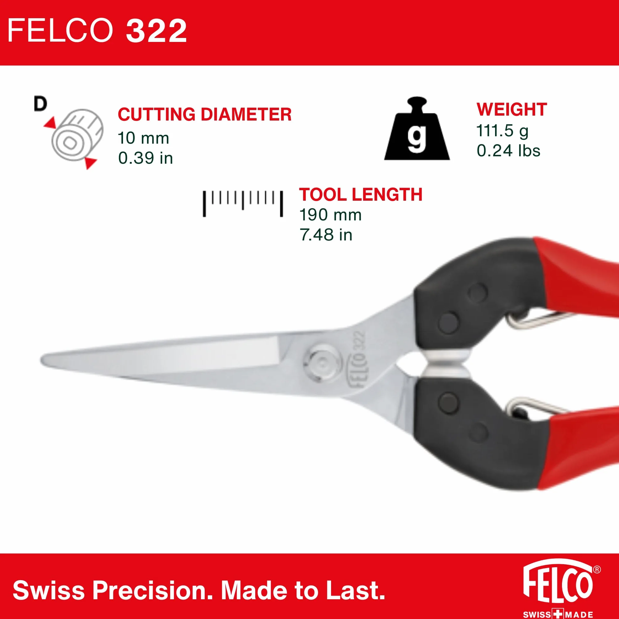 FELCO 322 nożyce precyzyjne długie, chromowane ostrze 46 mm, cięcie 10 mm, ergonomiczne stalowe uchwyty, amortyzatory poliuretanowe, lekkie narzędzie 190 mm