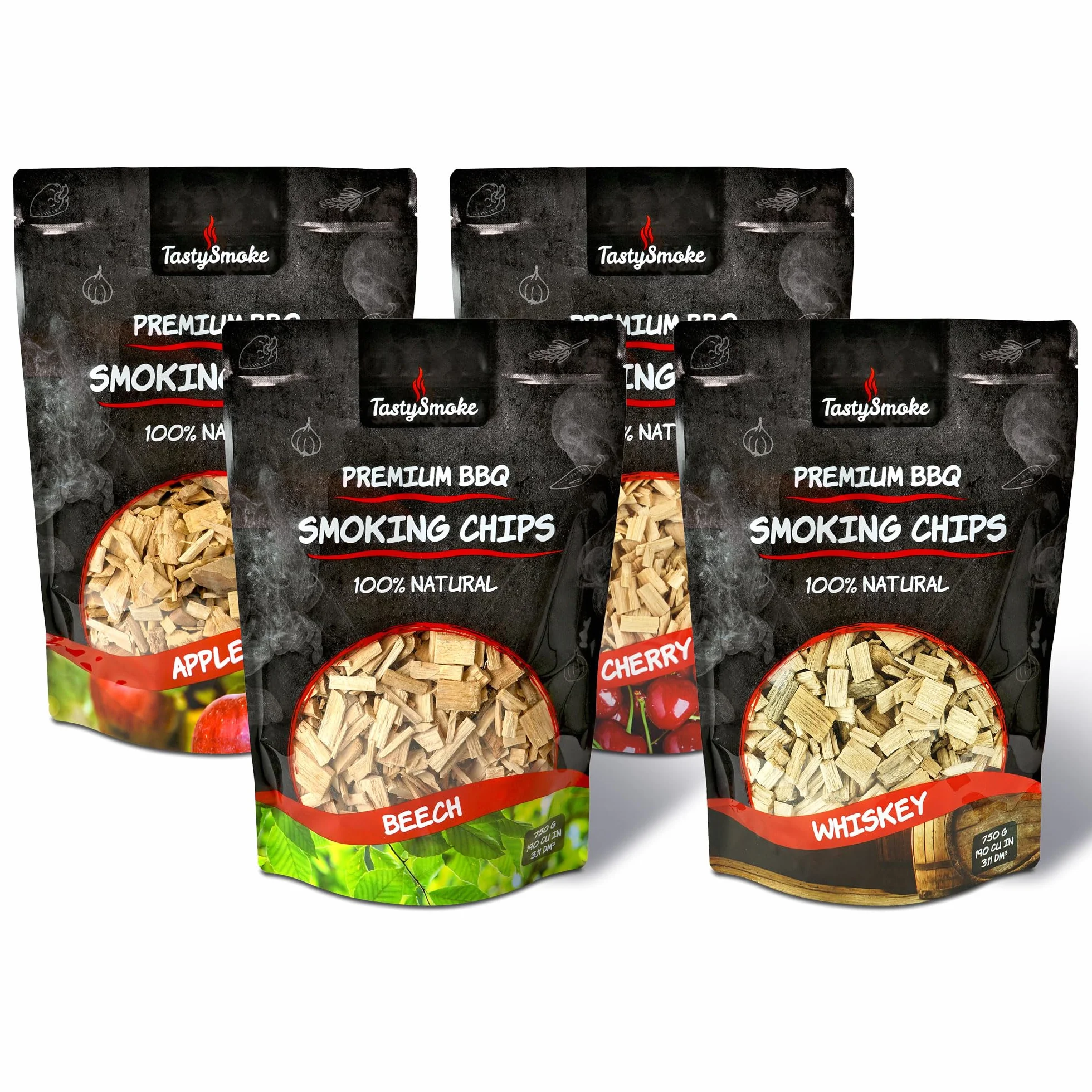 Wędzarki 4-pakiet – Naturalne chipsy z jabłka, buka, wiśni i dębu 750g