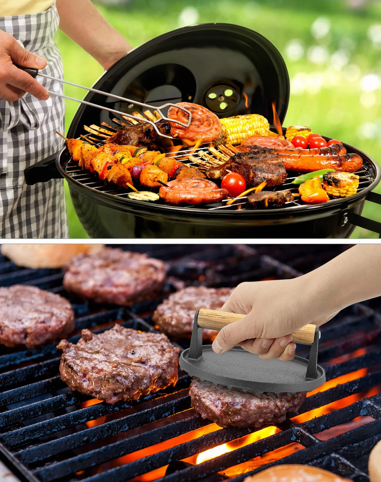 QWORK® nieprzywierająca żeliwna prasa do burgerów, drewniany uchwyt, 17,5 cm