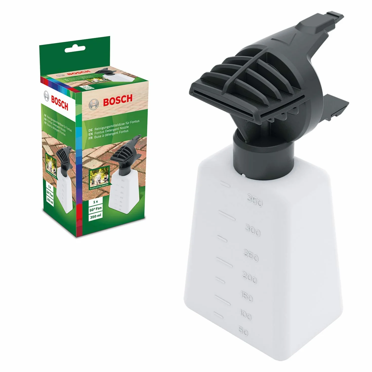 Bosch Home And Garden Akcesoria do Myjek Ciśnieniowych, Dysza do Fontus, Dysza do Detergentu Fontus, Pojemność Butelki 350 ml, w Pudełku Kartonowym, Biały, 235 mm, 105 mm, 90 mm, F016800595