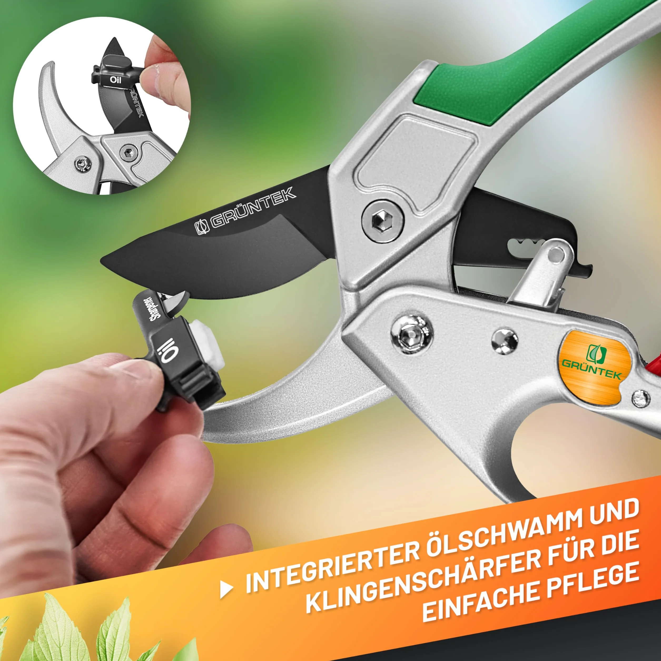 GRÜNTEK Condor Sekatory z grzechotką, 200 mm, ostrze SK5, cięcie 20 mm, wytrzymałe sekatory ogrodowe, automatyczne nożyce z grzechotką, z gąbką olejową i ostrzałką