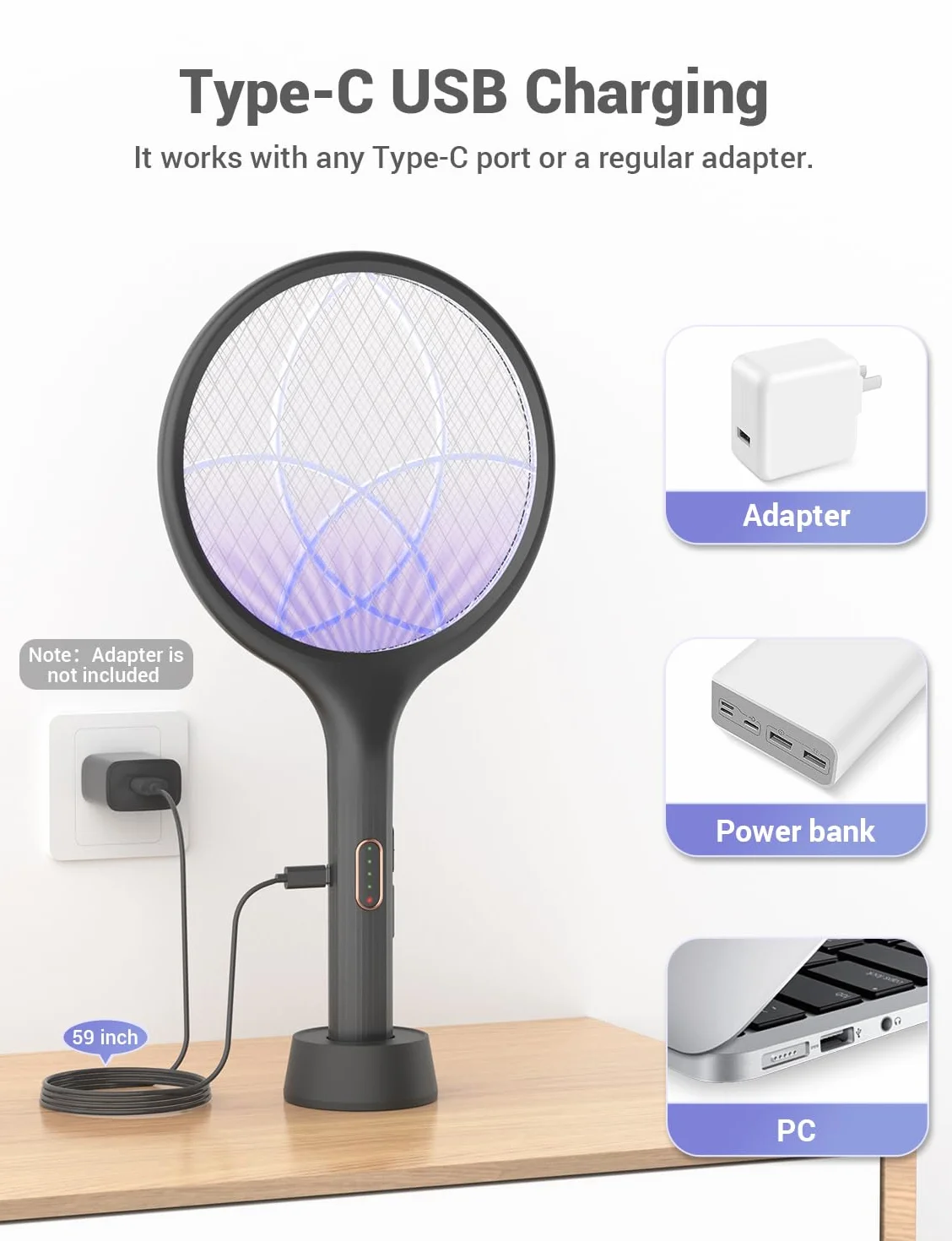 YISSVIC Elektryczna łapka na komary Extra Strong 4000 V 2 w 1 USB C z akumulatorem Akumulatorowa ze stabilną podstawą pułapką na światło UV Przeciw komarom Muchom Czarny