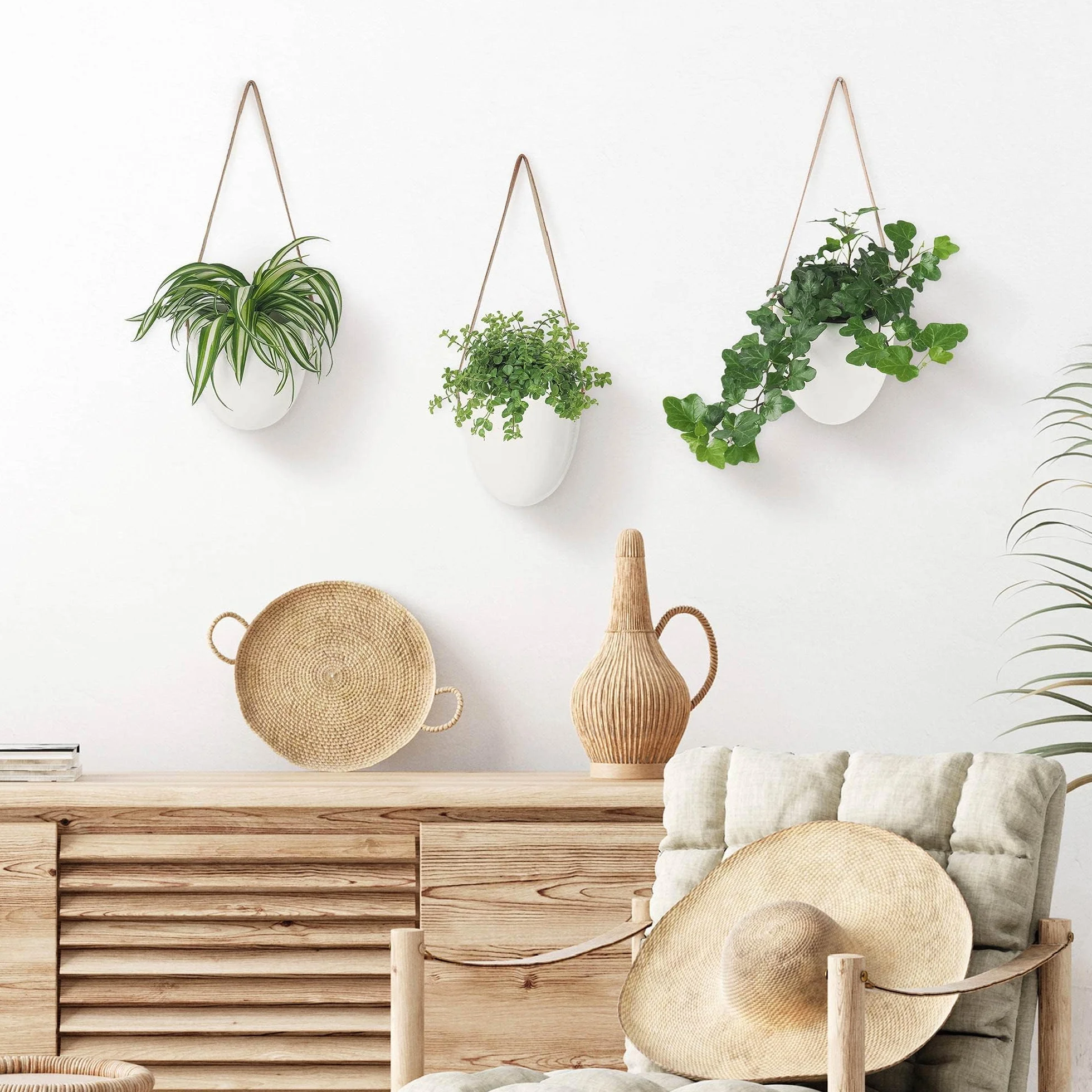 Gadgy Wisząca Doniczka Ceramiczna Biała | Zestaw 3 Doniczek | Wiszące Doniczki do Wiszących Roślin | Do Wnętrza lub Na Zewnątrz | W zestawie 3 różne sznurki i torba do przechowywania