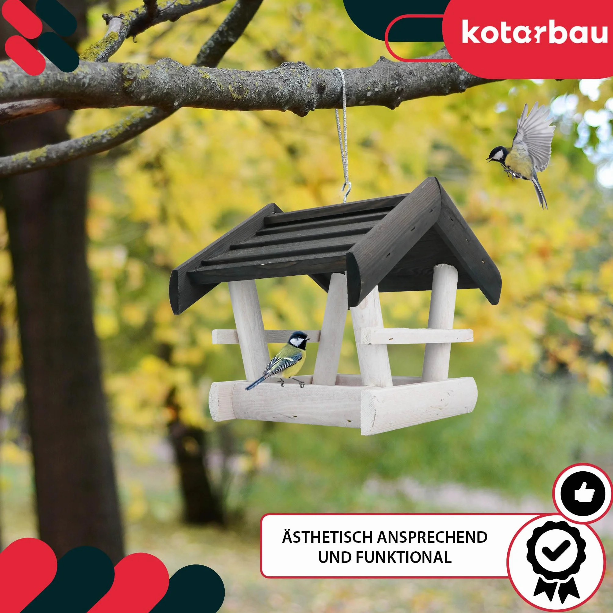 KOTARBAU® Karmnik dla Ptaków Drewniany z Daszkiem Biały Antracyt + Karma 0,5 kg