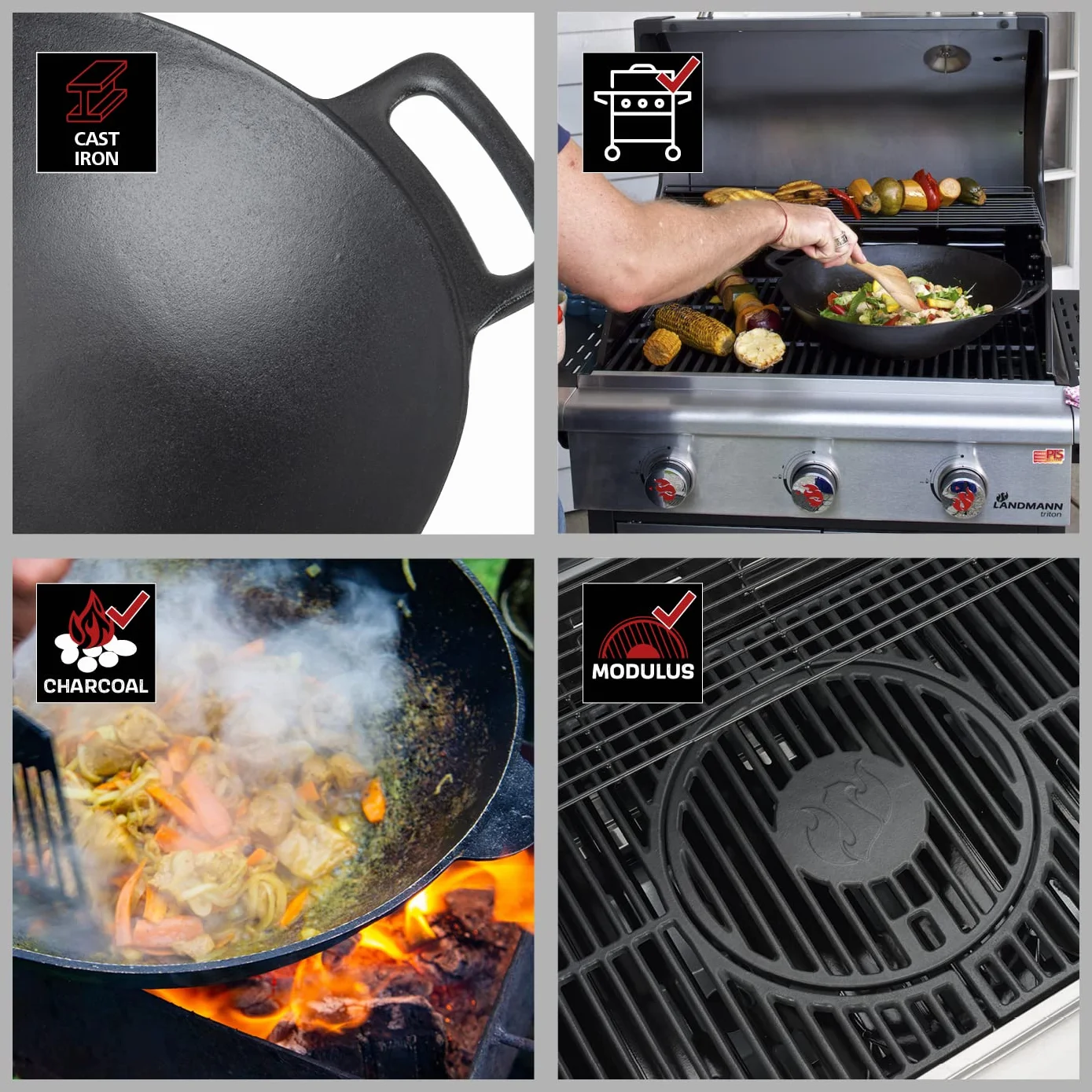 LANDMANN Grillwok | Wysokiej jakości wok z emaliowanego żeliwa (Ø 36 cm) | optymalna dystrybucja ciepła i magazynowanie ciepła | ze spłaszczonym dnem pasuje do rusztów | 38 x 46 x 13,5 cm [czarny]