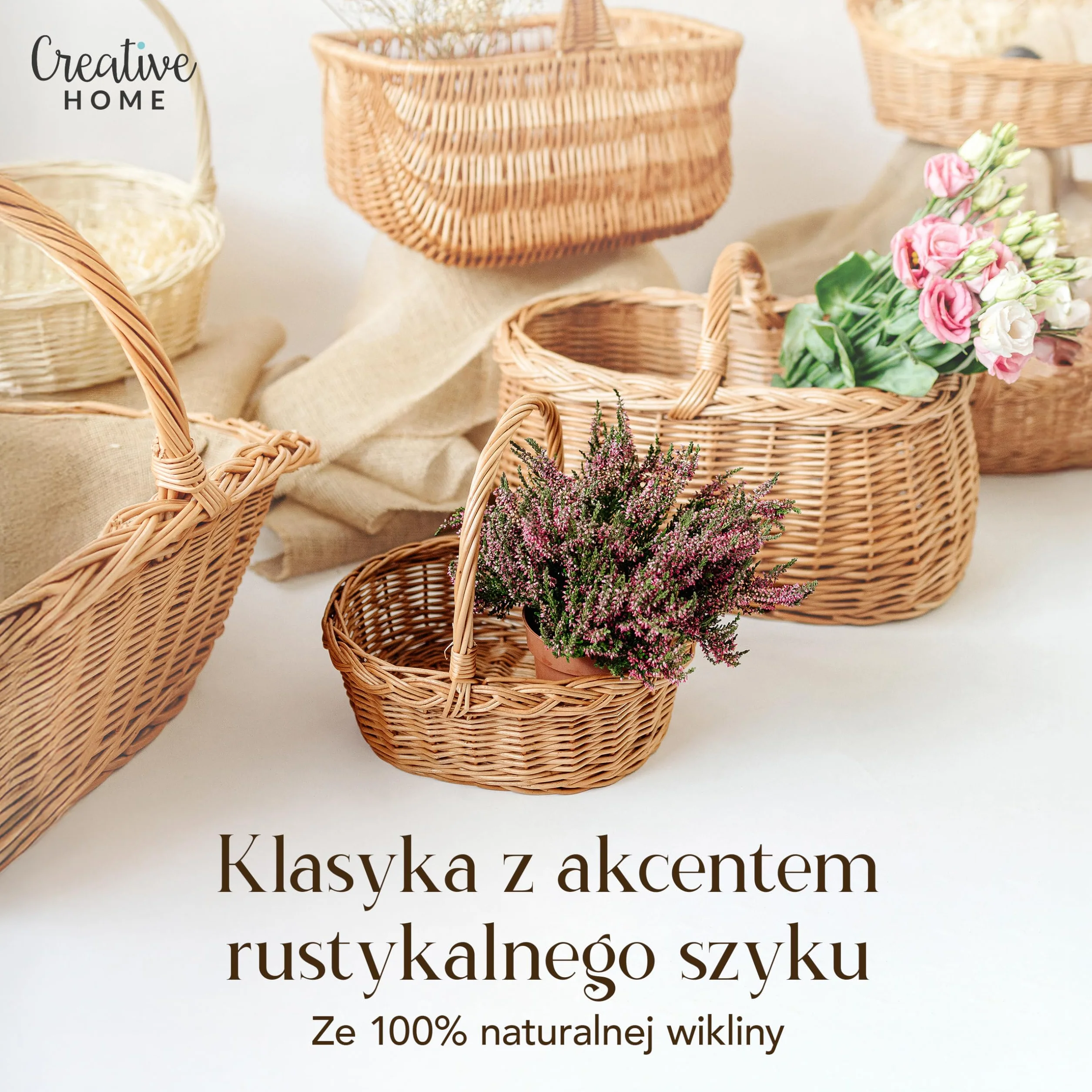 Creative Home Mały Koszyk Wielkanocny Wiklinowy z Rączką | 30x27x24cm (+/- 1cm) | Wielkanoc Święconka Kosz Prezent Piknik Rośliny Przechowywanie Dekoracja | Ręcznie Pleciony | Naturalny Brąz