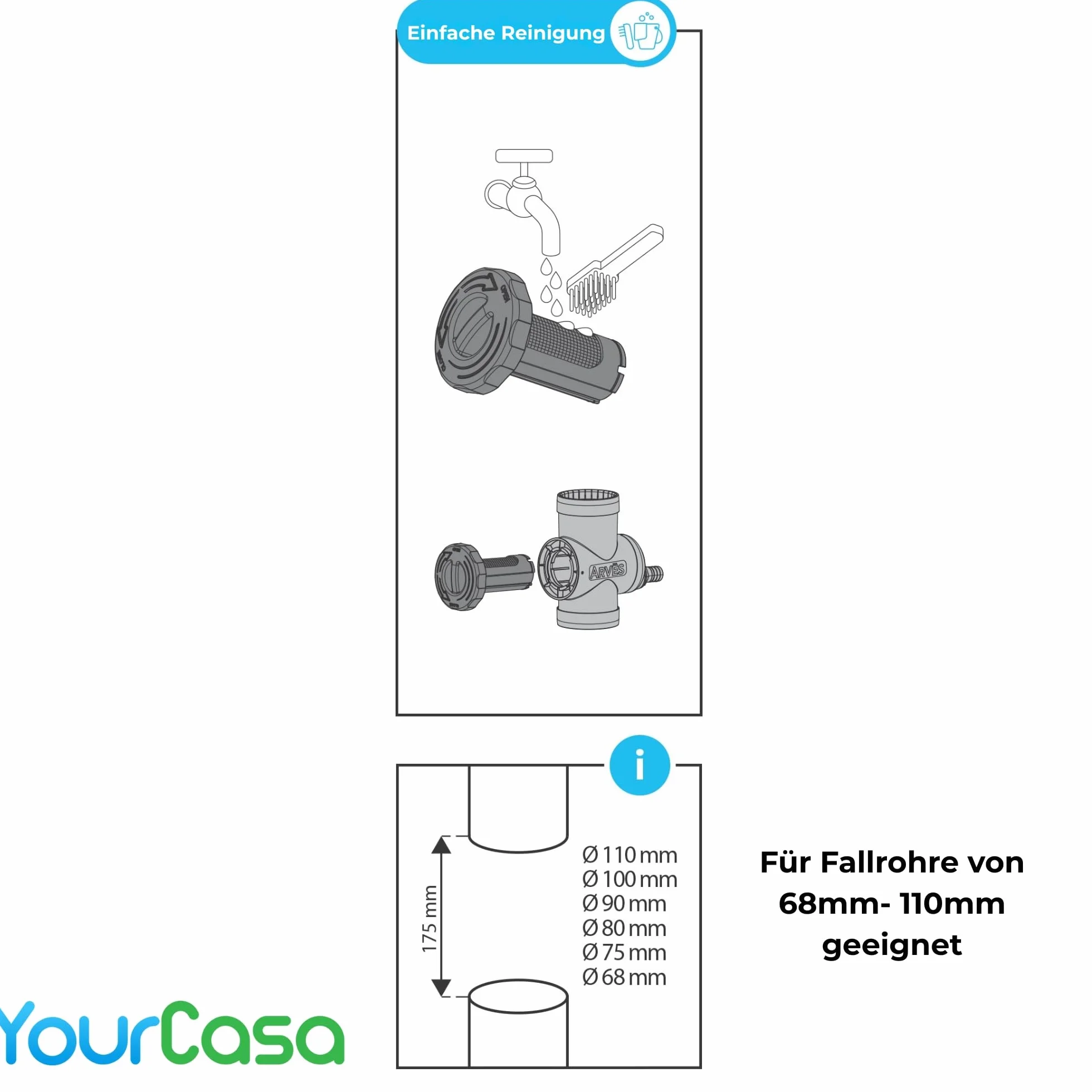 YourCasa Downpipe70 Kolektor na deszczówkę, 68-110 mm, zawór odcinający i filtr metalowy, do łączenia rury spustowej i zbiornika na deszczówkę, zbieracz wody deszczowej