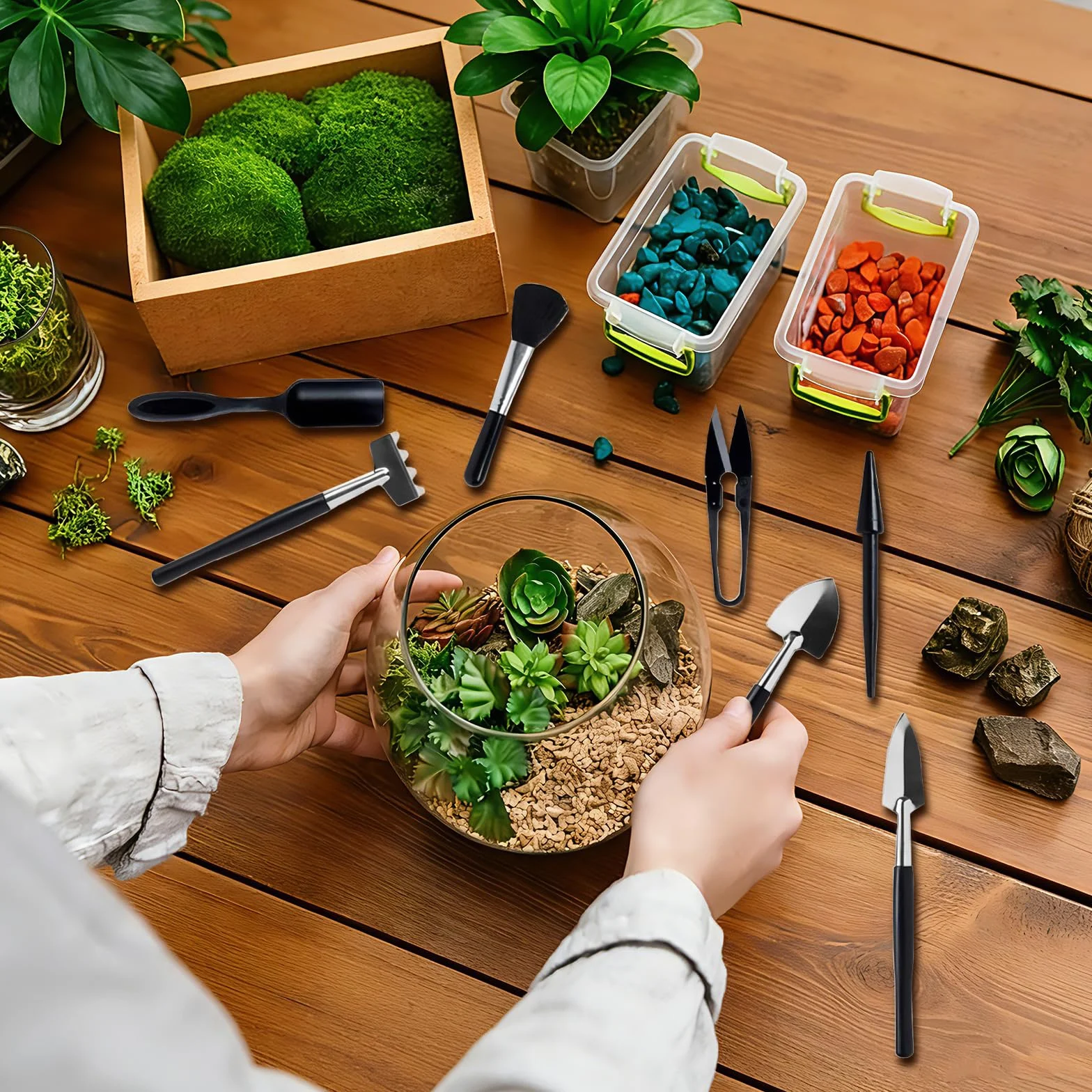 Zestaw narzędzi ogrodowych, 17 sztuk, z wodoodporną matą do przesadzania i torbą do przechowywania, mini narzędzia ogrodowe, zestaw startowy bonsai, do roślin pokojowych, bonsai, kaktusów i