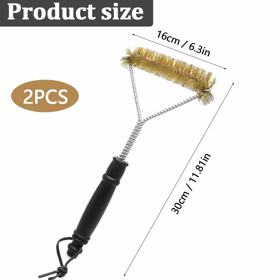 2 szczotki do grilla, trójkątna szczotka metalowa 30 cm, mosiężna szczotka BBQ może być skutecznie czyszczona w temperaturze 360° do wszystkich rodzajów grilli