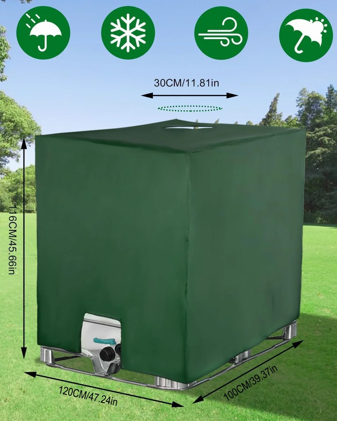 Pokrowiec na zbiornik IBC 1000L, akcesoria do kontenerów IBC, folia ochronna UV na zbiornik na wodę, pokrowiec na beczkę na deszczówkę, plandeka ochronna na zbiornik na wodę deszczową, odpowiedni na zbiornik IBC 1000L (120 x 100 x 116 cm zielony)