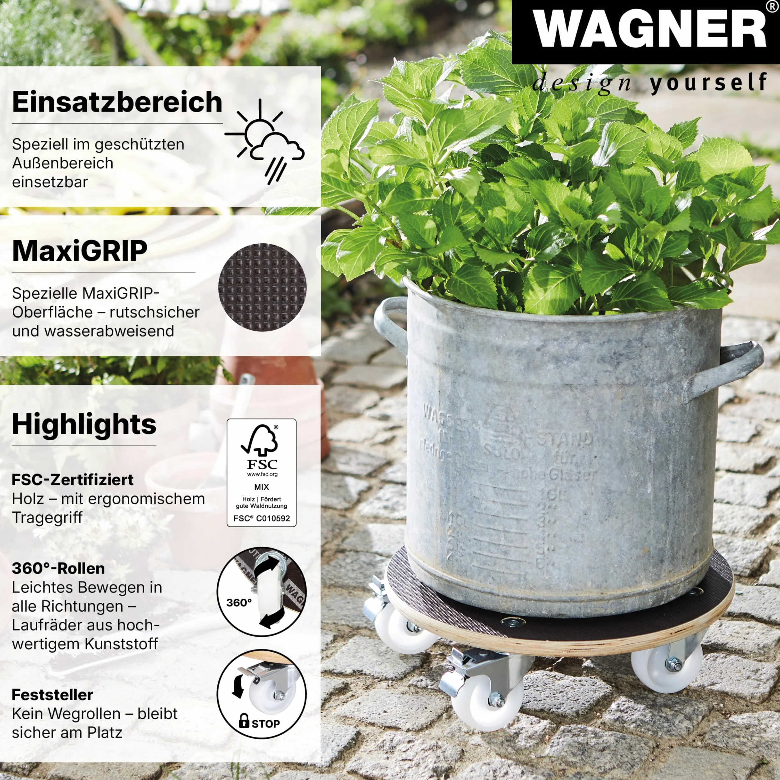 Wagner Wałek do roślin Maxigrip Ø 38 x 11 cm, do użytku na zewnątrz i wewnątrz, wózek transportowy z drewna warstwowego FSC®, 2 całkowite stojaki, nośność 300 kg, wyprodukowano w DE - 20110701