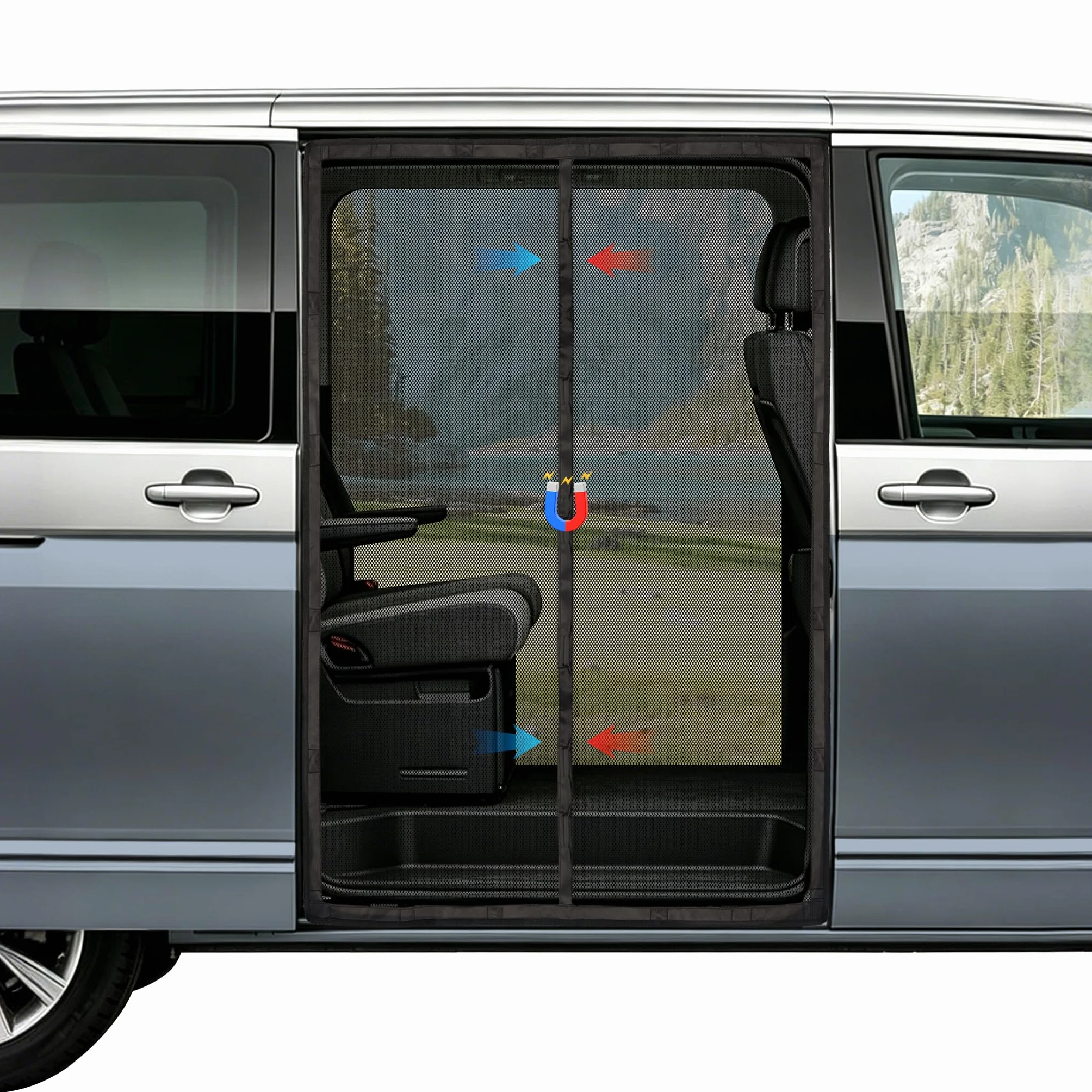 Moskitiera magnetyczna do VW T5 T6 drzwi bocznych, automatyczne zamknięcie na magnes środkowy, 122 g/m² poliester o wysokiej gęstości, siatka 1 mm, ochrona przed owadami na kemping, do aktywności na