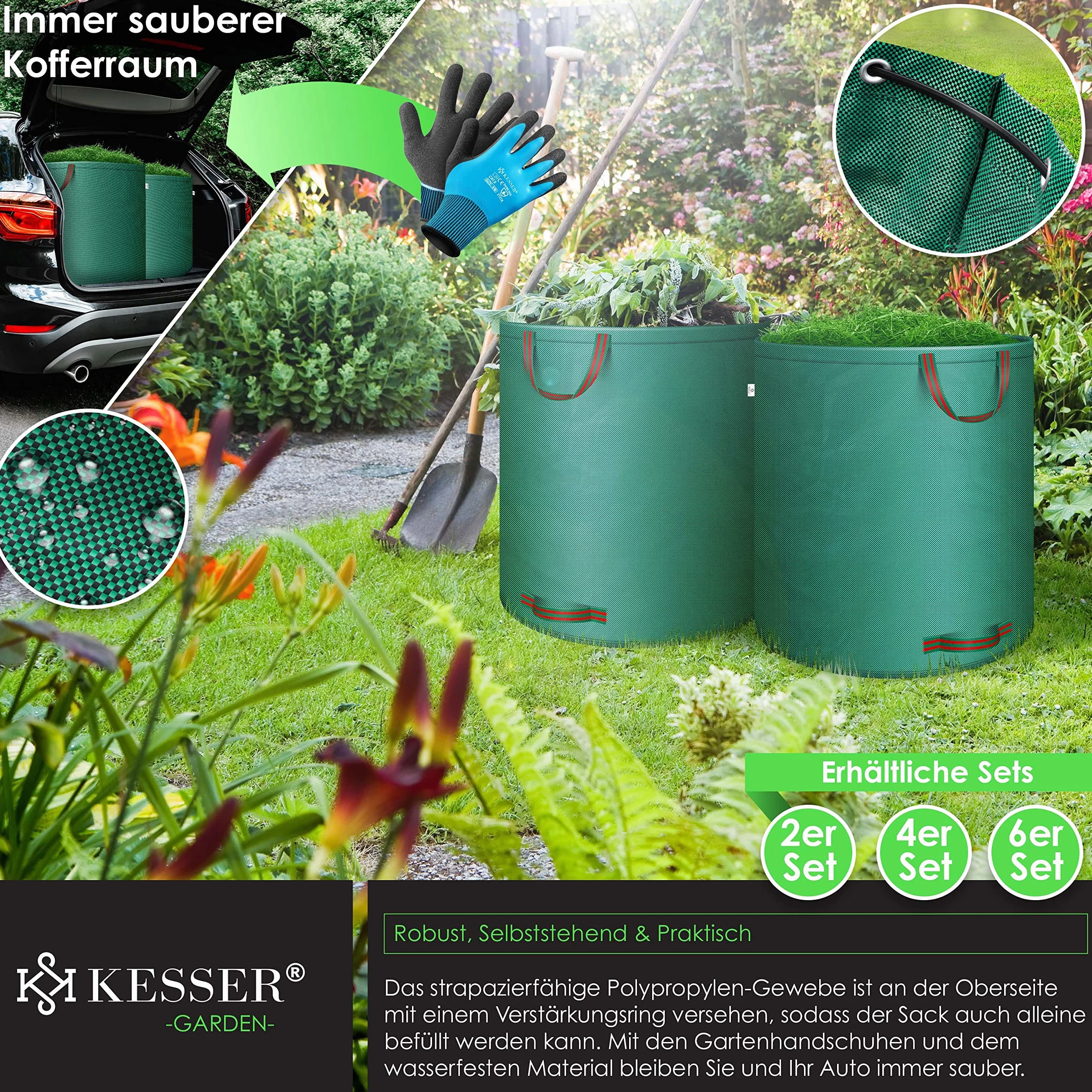 KESSER® Worek ogrodowy, 6 x 500 l, worek na odpady ogrodowe, worek na odpady ogrodowe, w zestawie z rękawicami – wolnostojący, 4 uchwyty, stabilny, wytrzymały i składany – worki na liście do cięcia