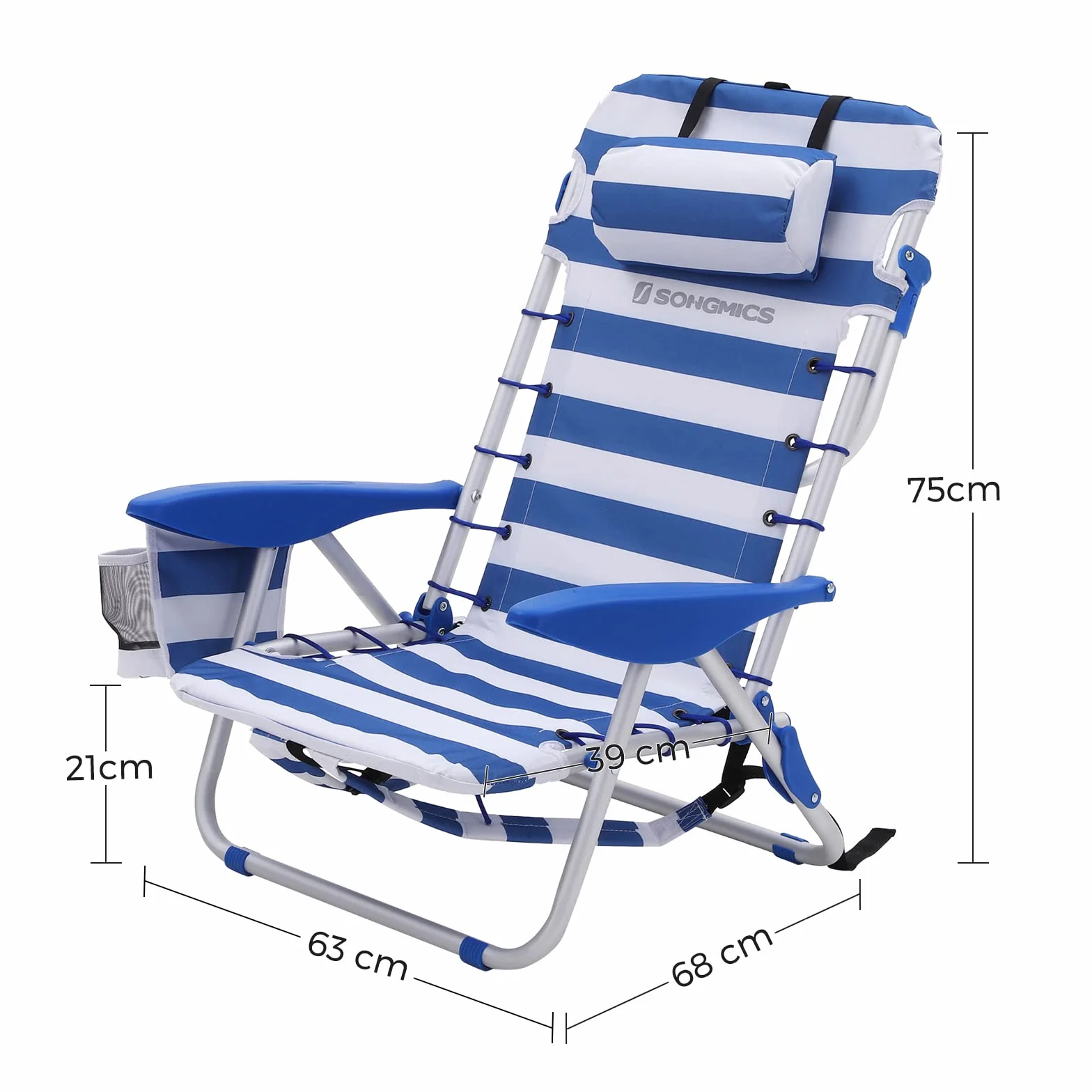 SONGMICS Krzesło plażowe z poduszką, aluminium, przenośne krzesło składane, krzesło kempingowe, składane i regulowane, jak plecak, krzesło outdoorowe, niebiesko-białe paski, GCB62BU