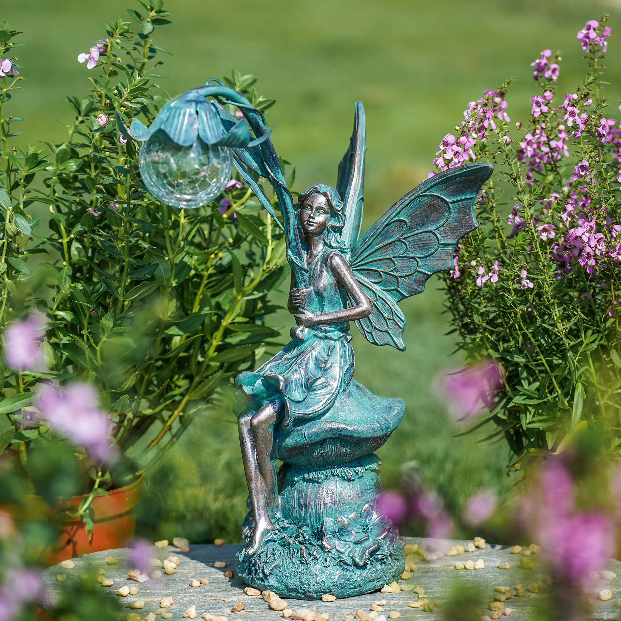 TERESA’S COLLECTIONS Figurki Ogrodowe Siedzące Elfy Kule ze Szkła Słonecznego 35cm Oświetlenie Polystone Brązowy Posąg anioła Figurki do Ogrodu Słonecznego Fairy Statue Dekoracje Ogrodowe