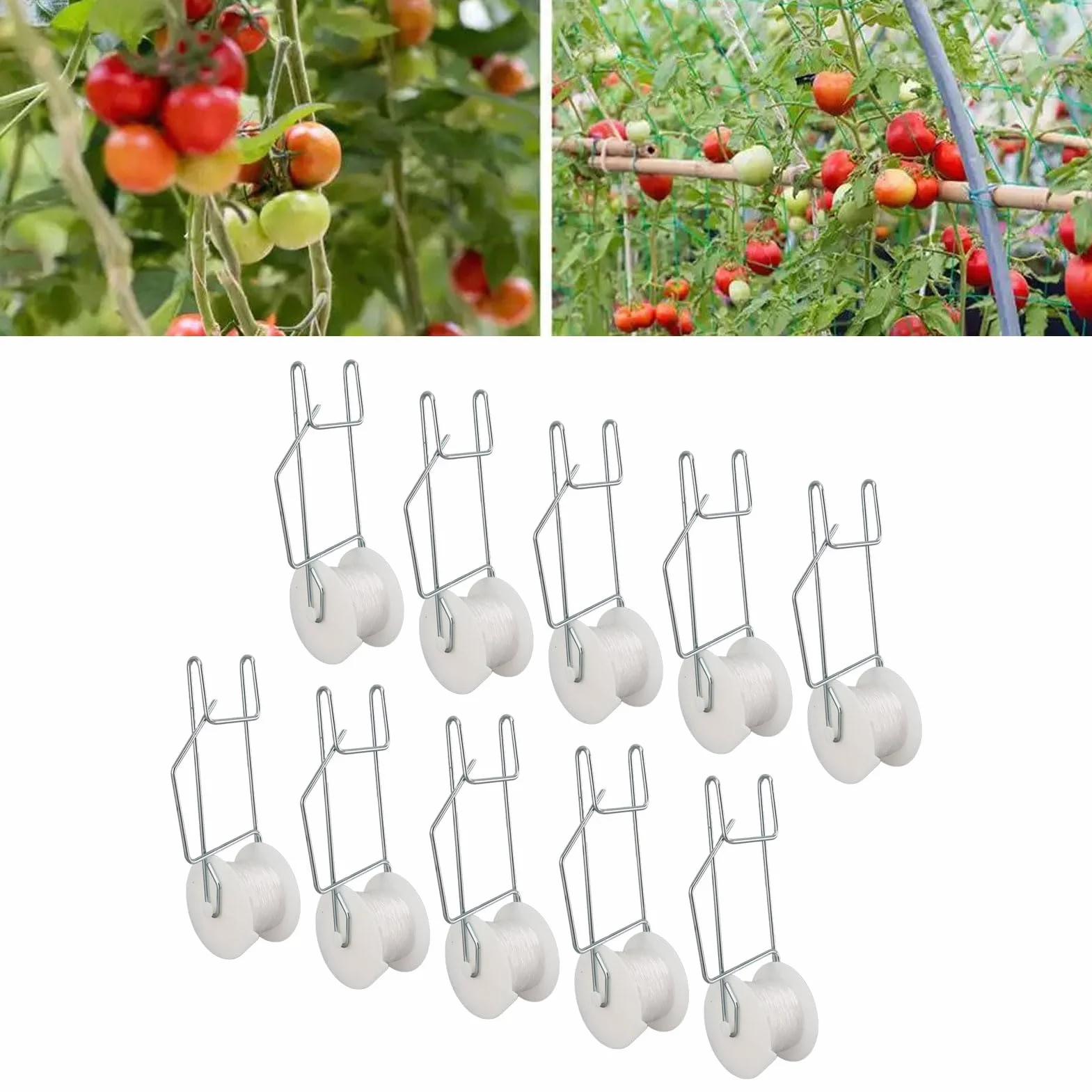 Haczyki na Rolki do Pomidorów 15 M Stal Ocynkowana Sznurek PP dla Winorośli Ogórków Pomidorów z Luffy dla Szklarni Domowych, Małych Ogrodów, Upraw Biodynamicznych