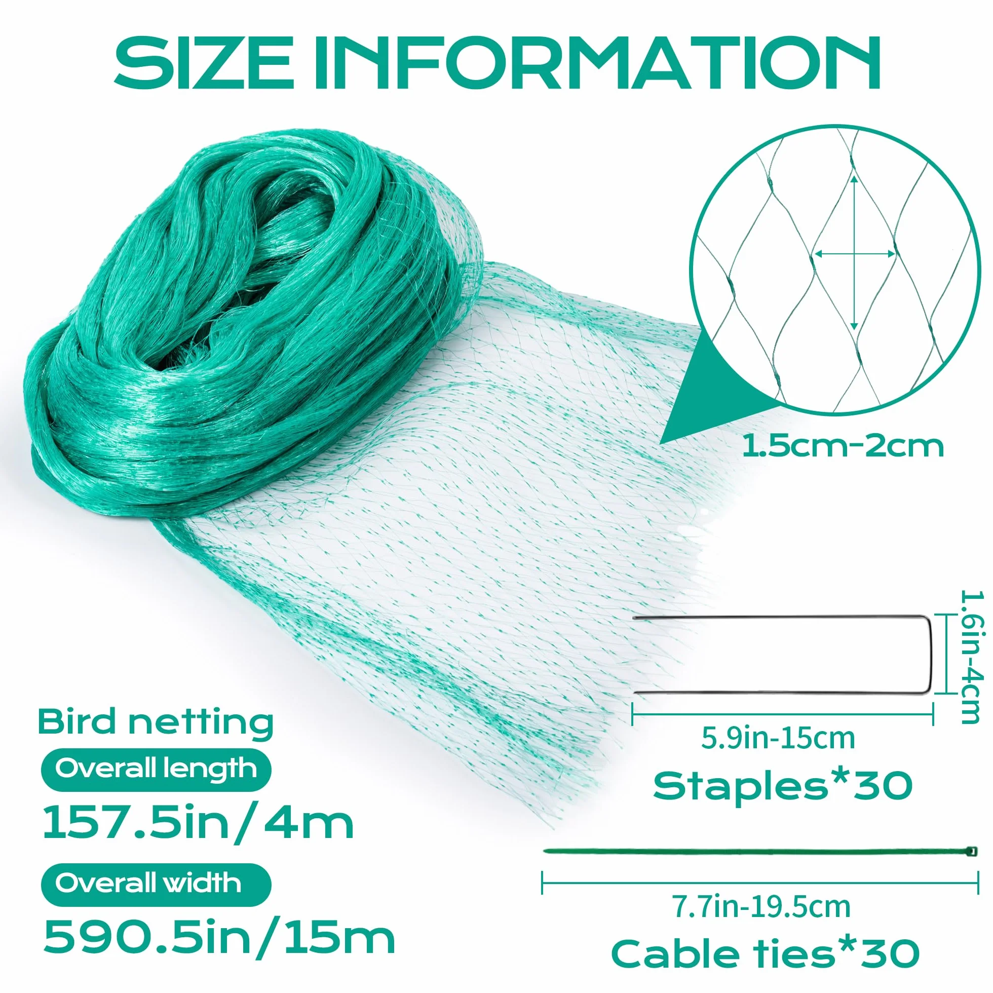 Siatka na ptaki 4x15 m oczka 15x15 mm UV odporna na warunki atmosferyczne z kotwami gruntowymi