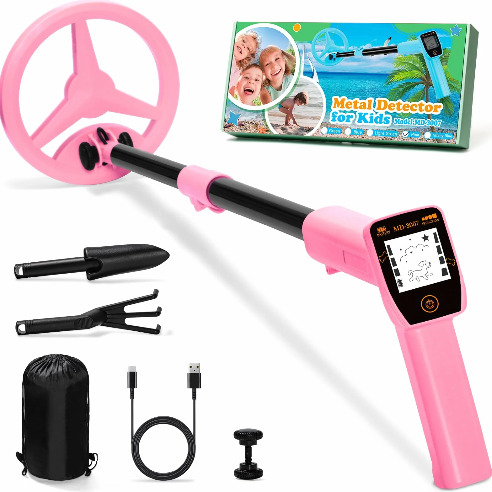 Przenośny wykrywacz metalu dla dzieci, ładowany przez USB, regulowany 60-86 cm, z wyświetlaczem LCD, różowy