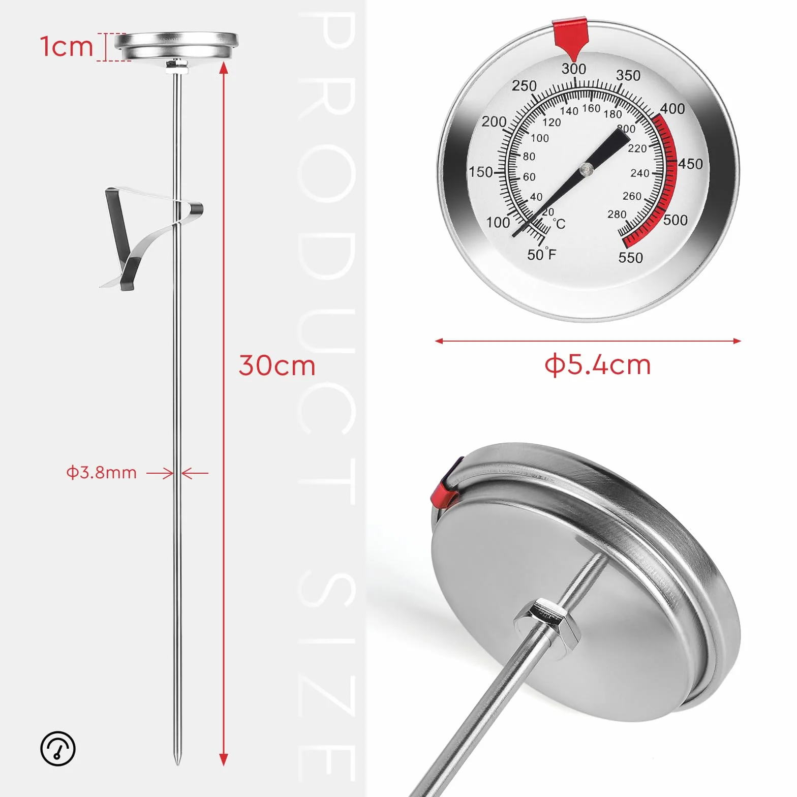 Termometr Mleka Kawy i Smażenia z Zaciskiem 30 cm 20-280°C Analogowy ze Stali Nierdzewnej do Mięsa i Piekarnika