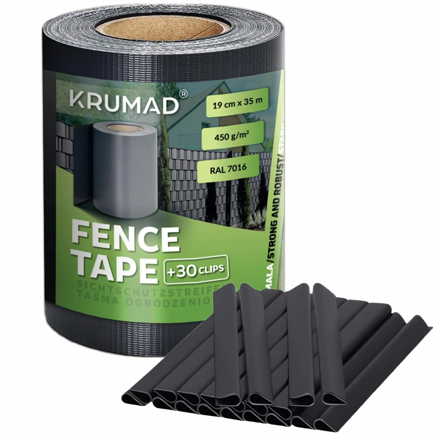KRUMAD Taśma Osłonowa na Ogrodzenie 19 cm x 35 m PVC 450 g/m² Odporna na UV Antracyt