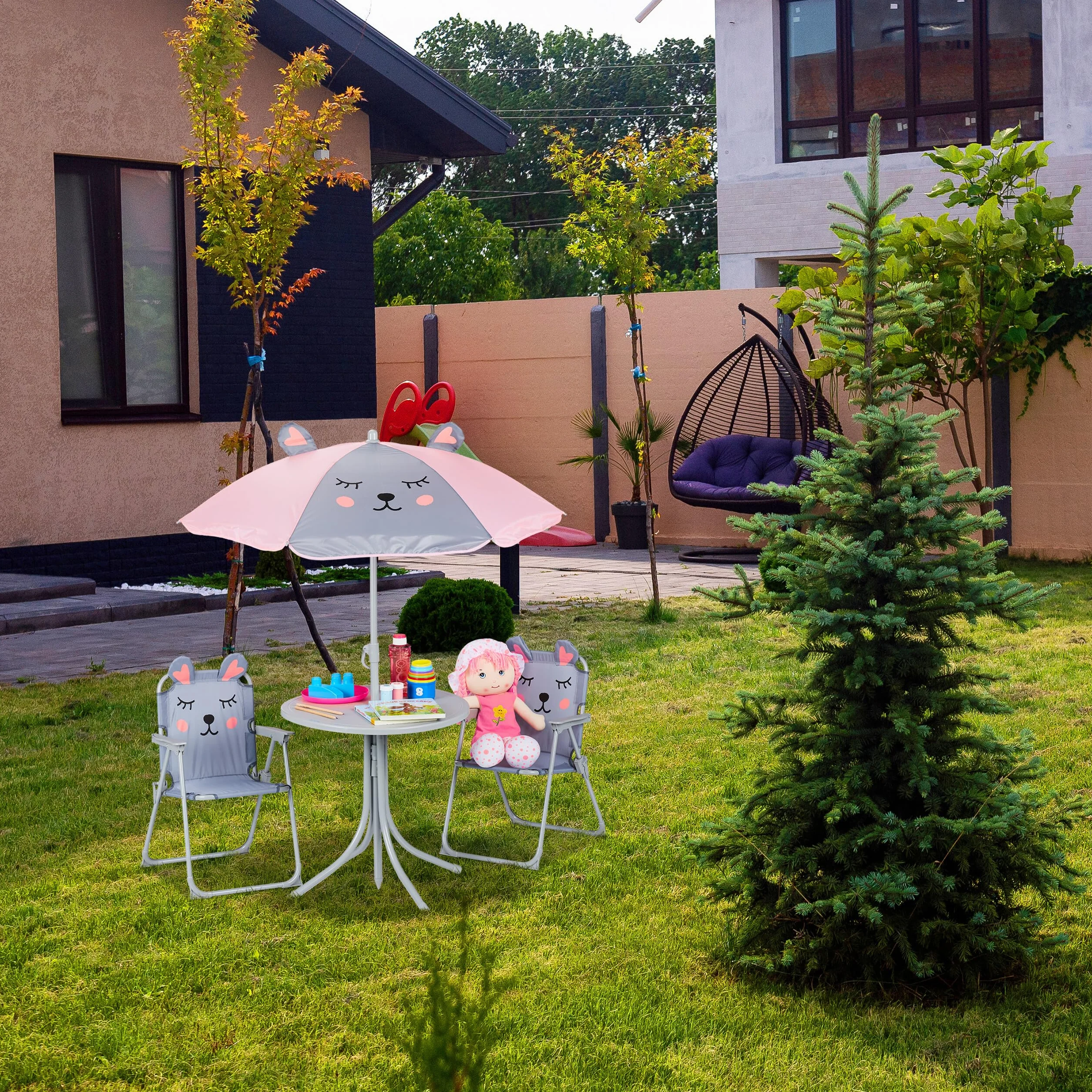 Relaxdays Zestaw mebli kempingowych dla dzieci z parasolem, składanymi krzesłami i stołem, zestaw ogrodowy dla dzieci, mysz, szary