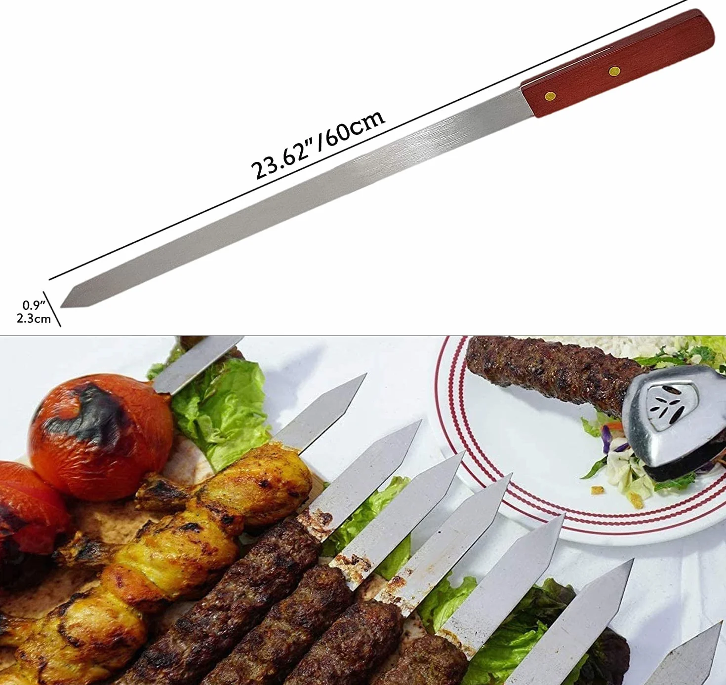 8 szaszłyków do grilla z stali nierdzewnej, szpikulce 60 cm, uchwytem wielokrotnego użytku z stali nierdzewnej