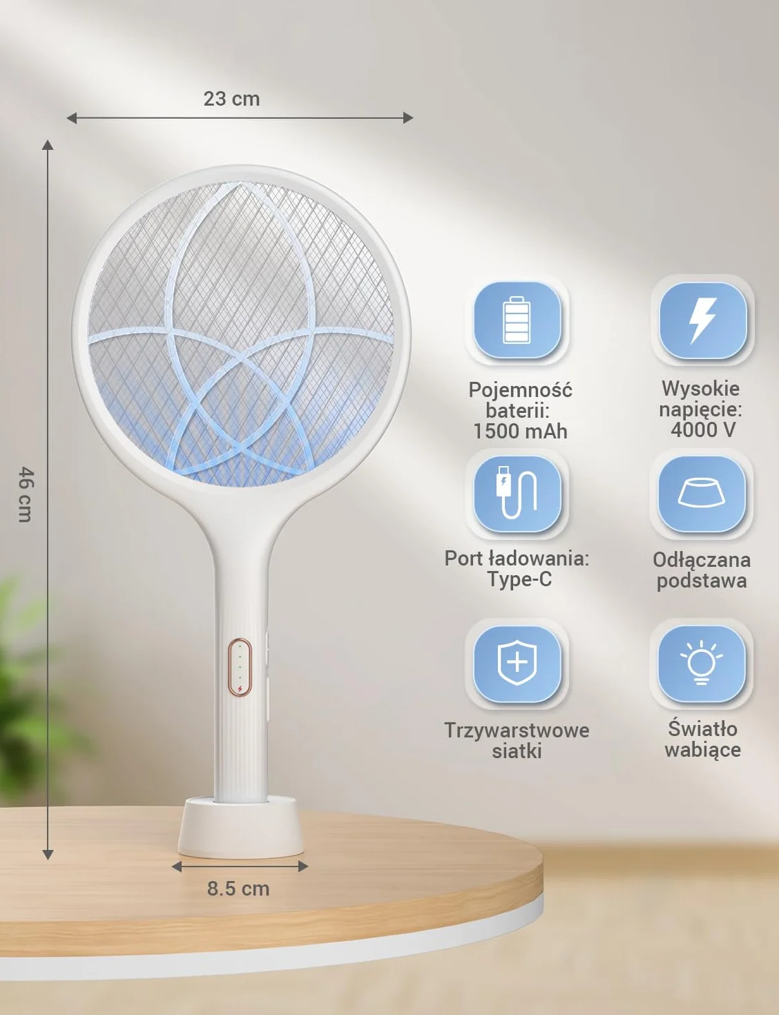 YISSVIC Elektryczna łapka na komary Extra Strong 4000 V 2 w 1 USB C z akumulatorem Akumulatorowa ze stabilną podstawą pułapką na światło UV Przeciw komarom Muchom Biały
