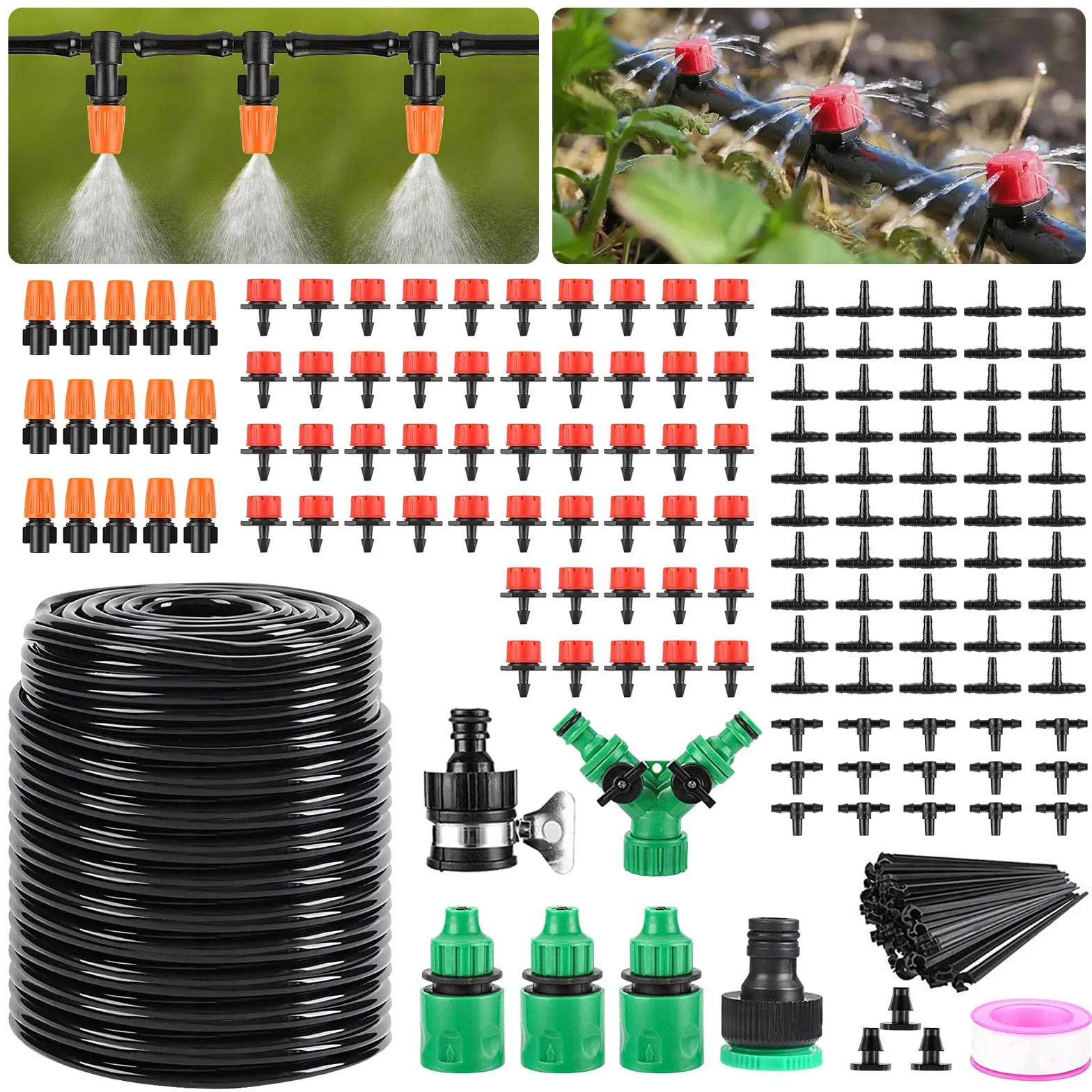 Zestaw do nawadniania kropelkowego 50 m, automatyczny system nawadniania ogrodu z wężami 1/4", regulowanymi dyszami natryskowymi i wylotami kropelkowymi do podwyższonych grządek, tarasów