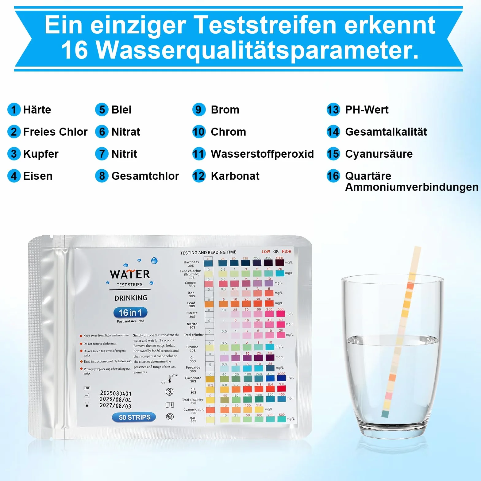 16 w 1 tester wody pitnej, paski testowe pH, twardość, miedź, żelazo, ołów