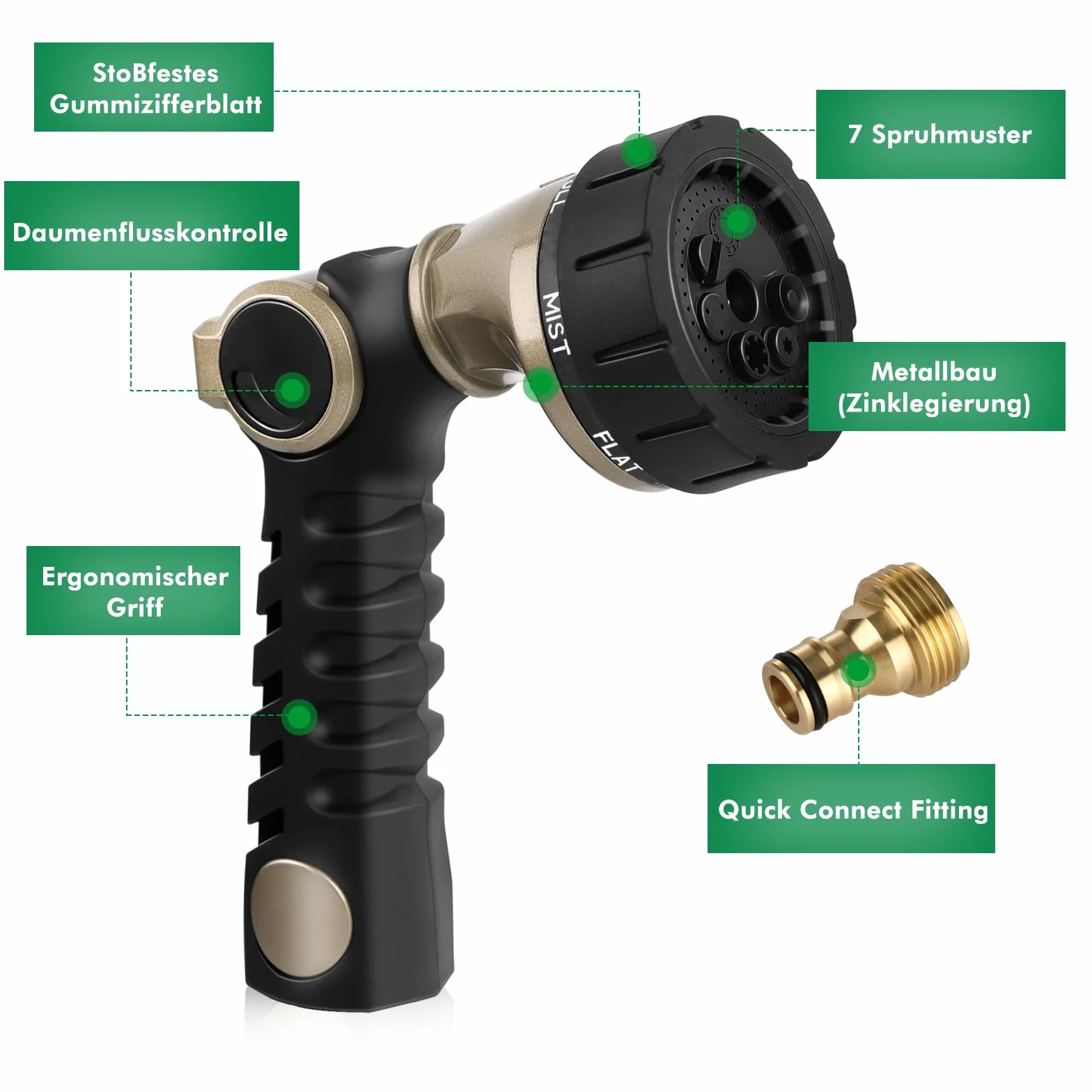 RESTMO Gartenbrause Metall Heavy Duty, Wytrzymała metalowa zraszacz do ogrodu do czyszczenia i nawadniania, wysokociśnieniowa dysza do węża ogrodowego 7 wzorów do nawadniania ogrodu, mycia samochodów