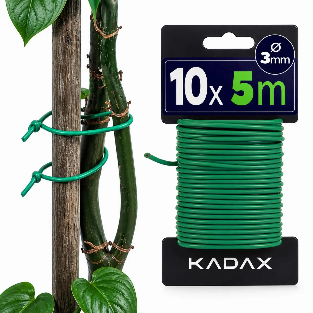 KADAX drut ogrodowy 3 mm x 5 m, zielony, gumowany, odporny na warunki atmosferyczne