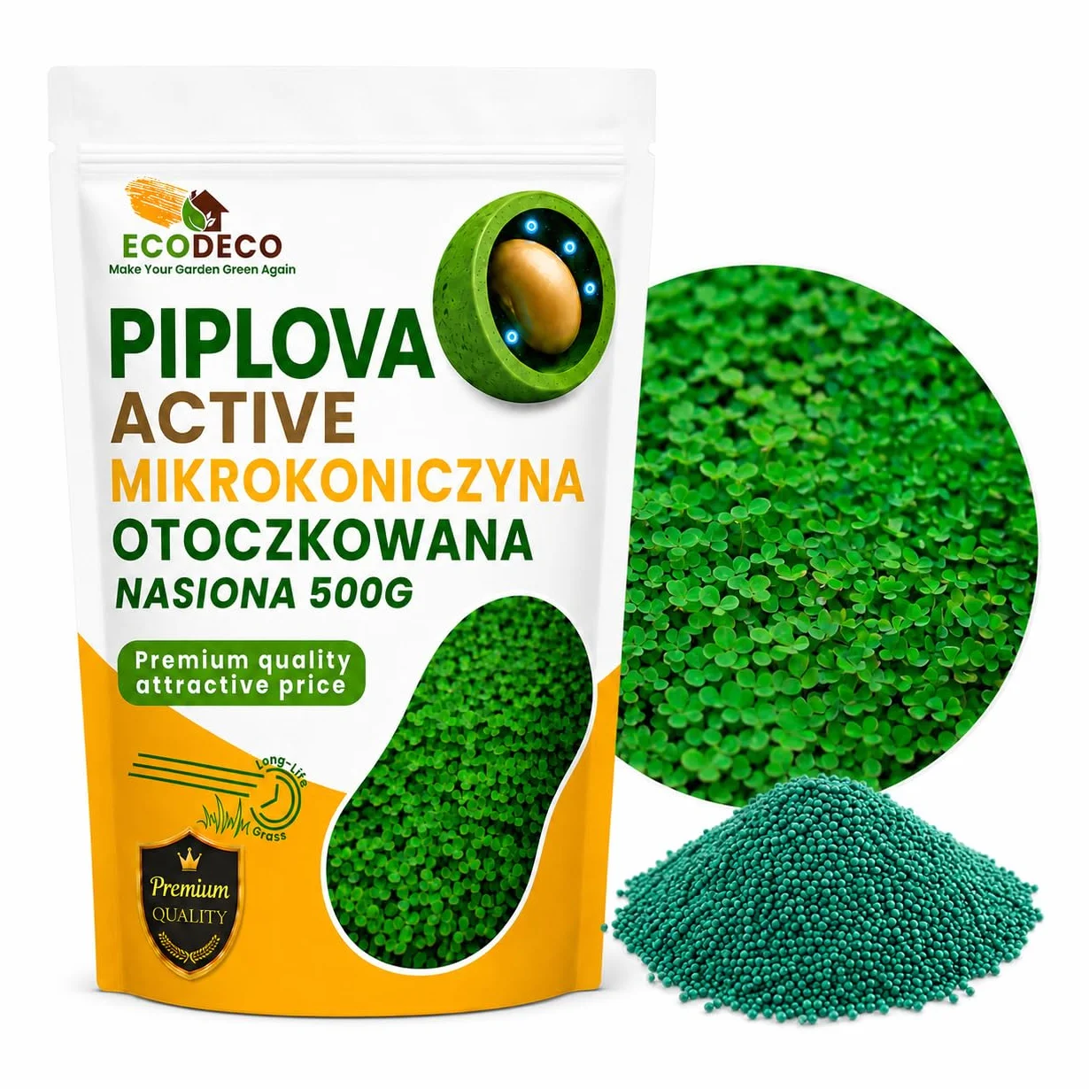 ECODECO Mikrokoniczyna 500 g – biała koniczyna powlekana na trawnik – nasiona mikrokoniczyny 200 m²