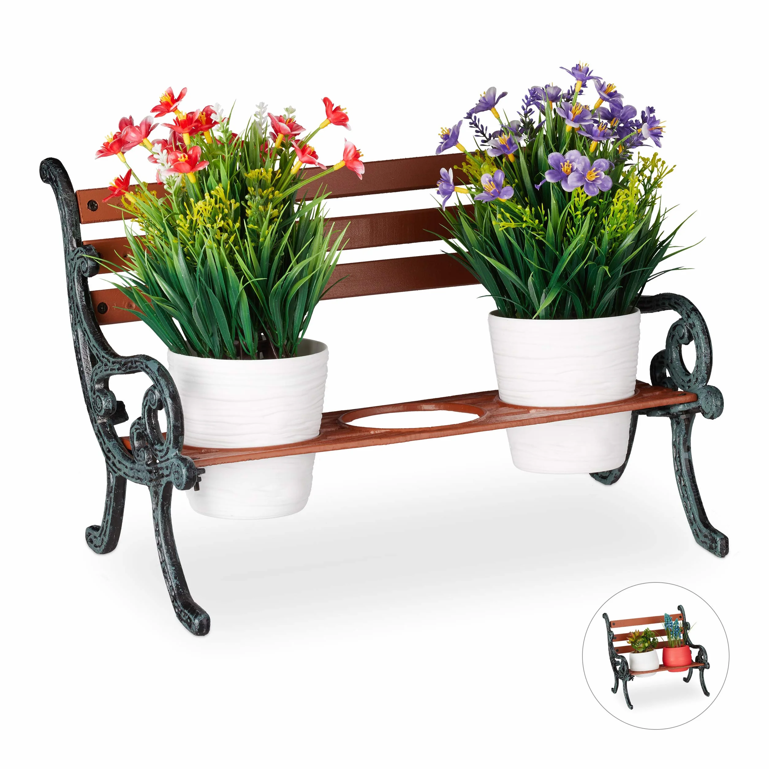 Relaxdays Mini ławka na kwiaty, żeliwo i drewno, stojak na 3 doniczki, Ø 9 cm, dekoracyjna ławka ogrodowa, brązowa/szaro-zielona
