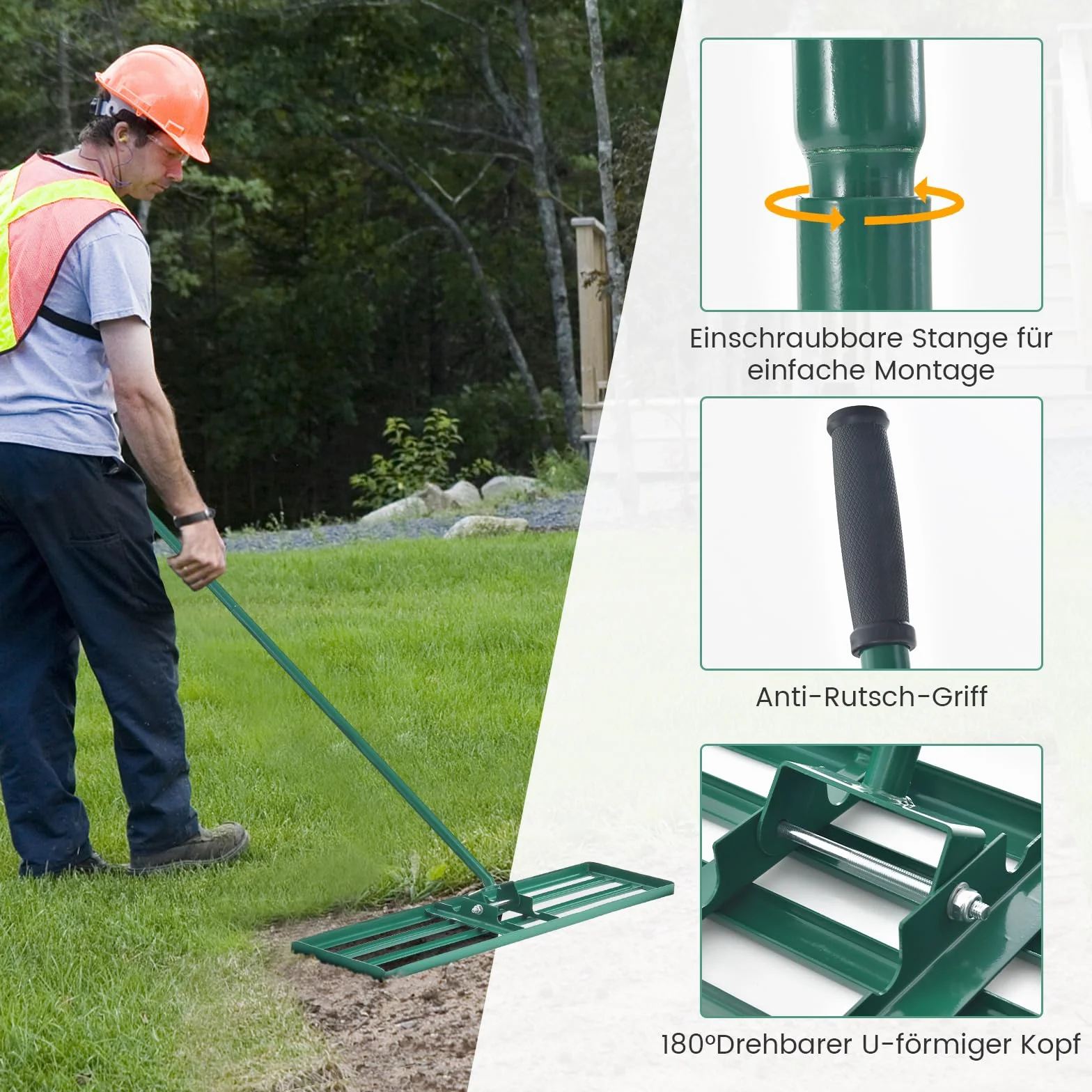 COSTWAY Gräsutjämnare, i metall med ergonomiskt handtag, utjämningskratta för gräsmatta och sand, för trädgård och golfbana, grön (91 x 25 cm)