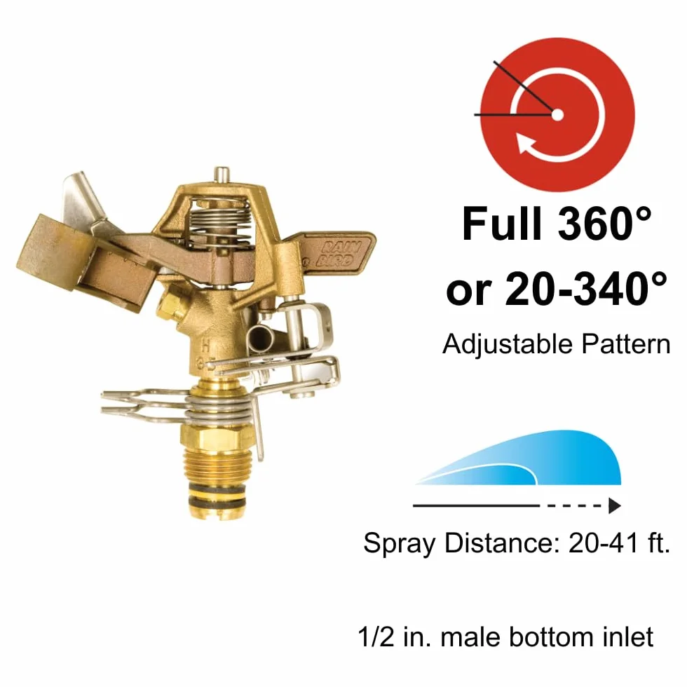 Rain Bird 25PJDAC Mosiężny zraszacz udarowy, regulowany od 20° do 360°, Odległość rozpylania od 6,1 m do 12,4 m