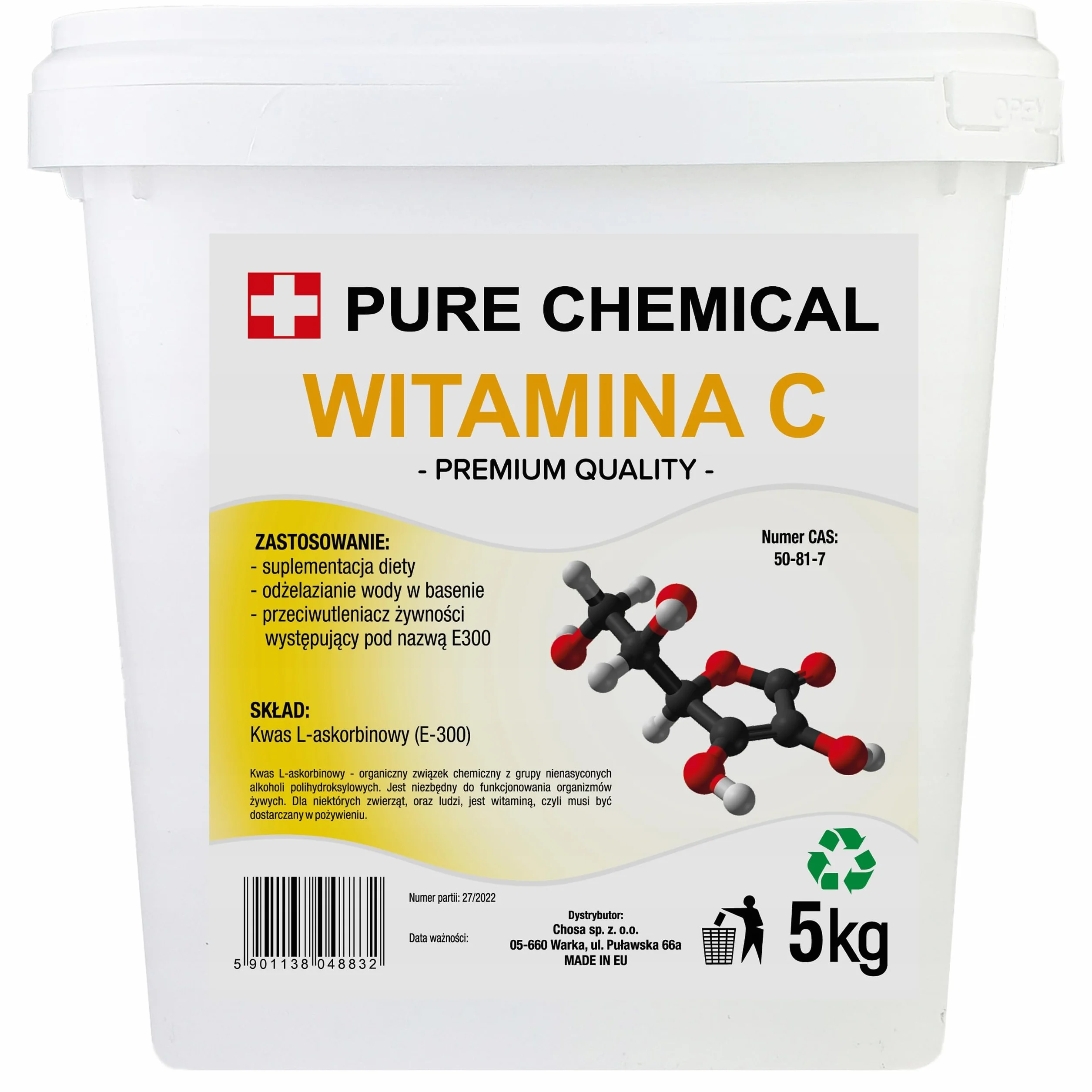 PURE CHEMICAL Witamina C do wody basenowej Kwas askorbinowy w proszku 5kg Czyszczenie basenów