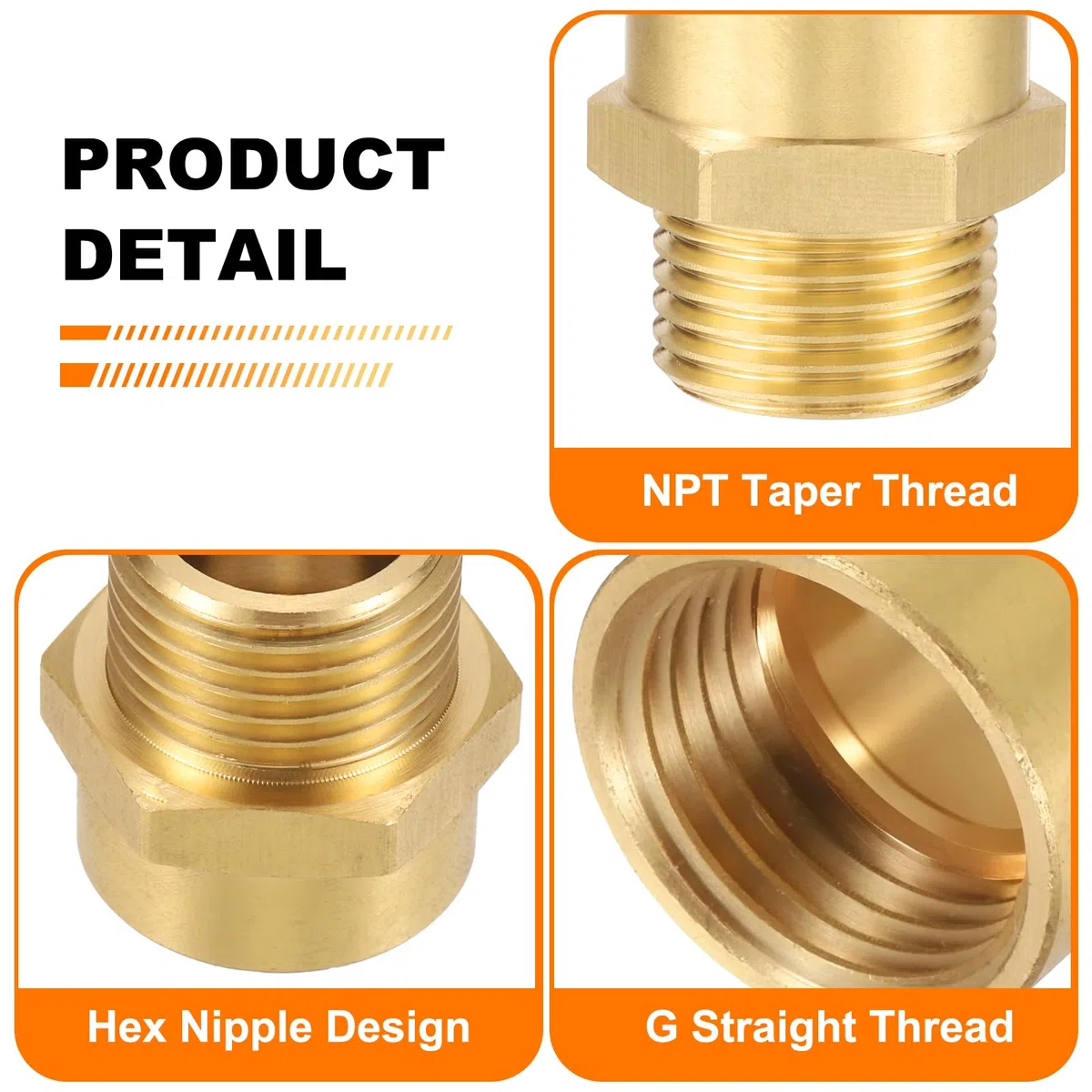 QUARKZMAN 2 szt. Mosiężne złącze węża, 1/2" NPT żeńskie x 1/2" G męskie mosiężne sześciokątne złącze węża, adapter do węża 1/2" do 1/2" żeński z PTFE, złoty odcień