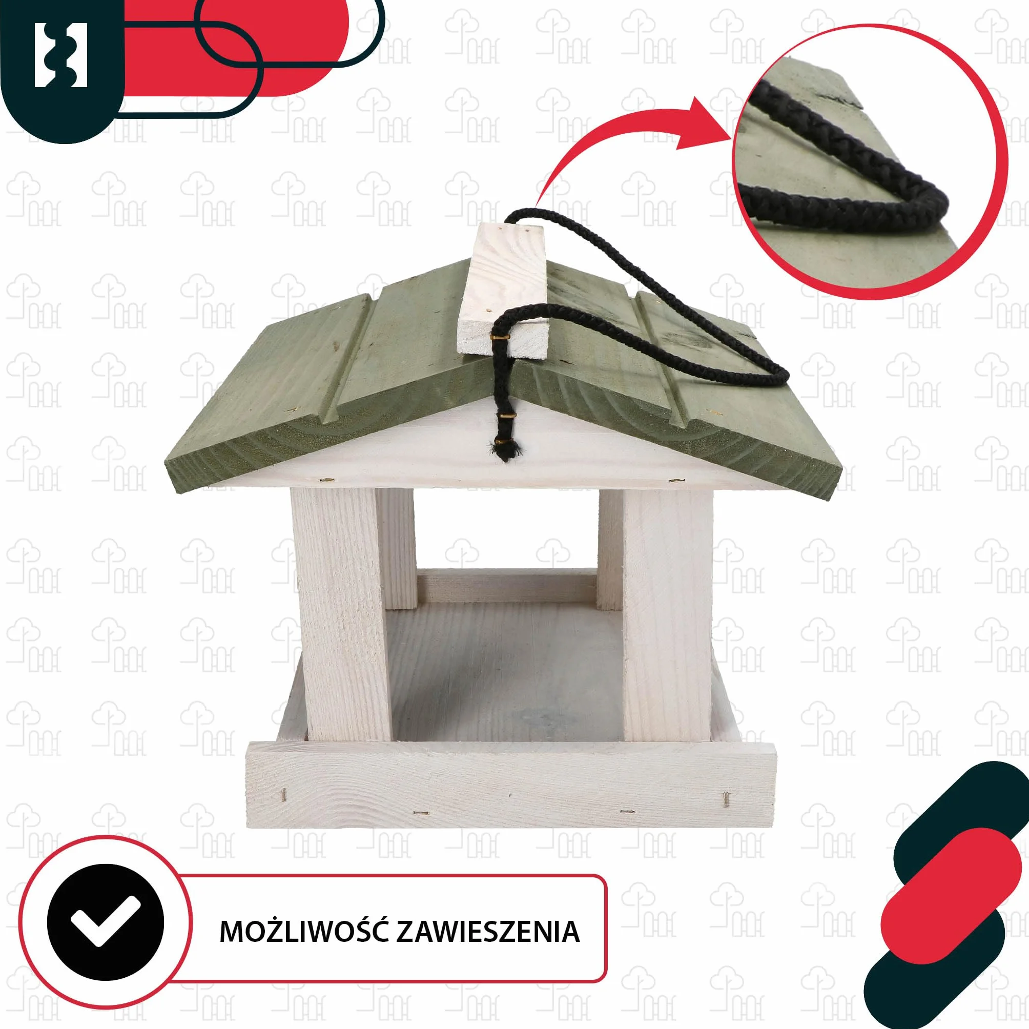 KOTARBAU Karmnik dla Ptaków Drewniany 21,5x23,5 cm z Daszkiem Biały Szary Karma 0,5 kg