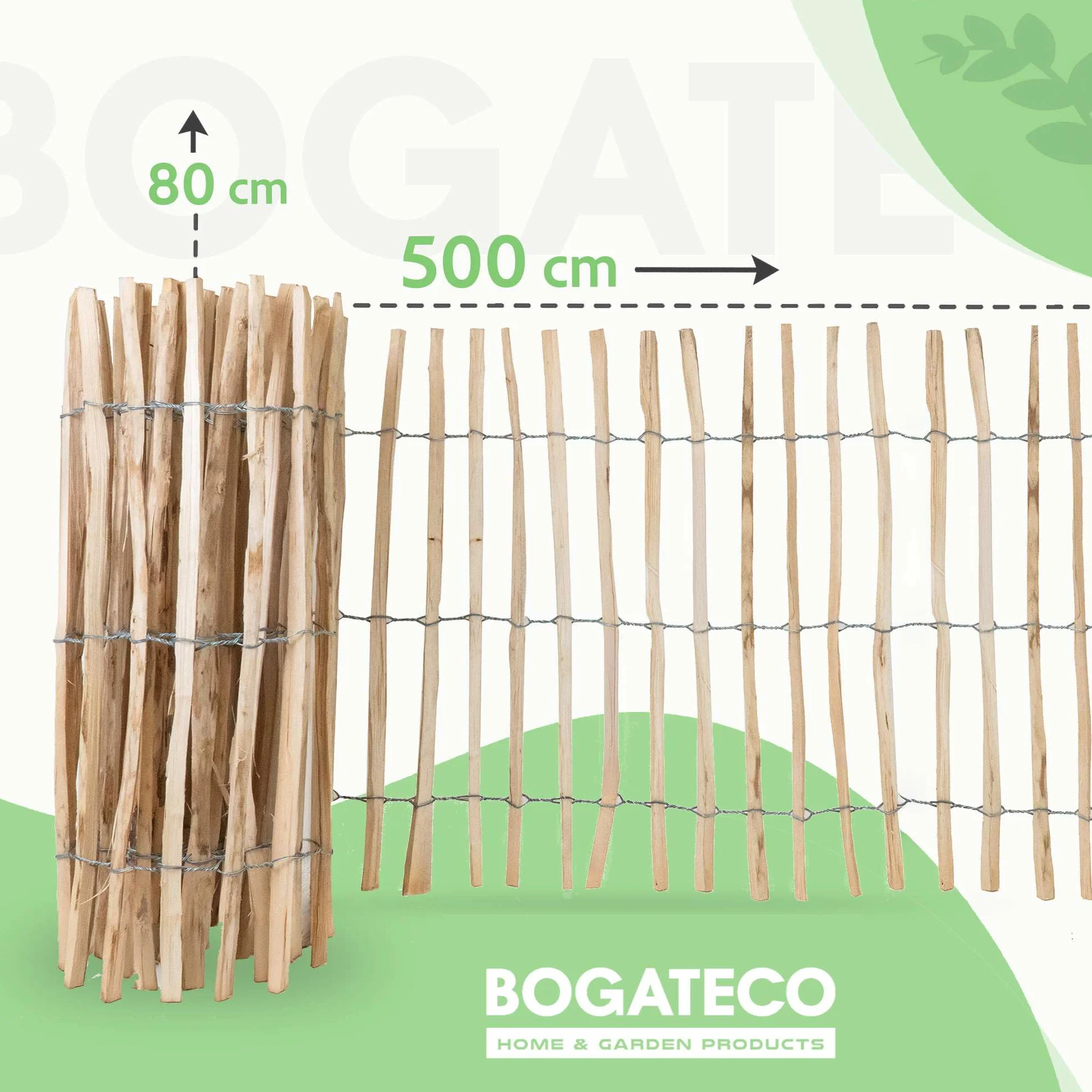 BOGATECO Ogrodzenie sztachetowe z drewna orzechowego laskowego, 80 x 500 cm, ze słupkami 120 cm, odstęp między listwami 7-8 cm, idealnie nadaje się jako ogrodzenie ogrodowe, płot ogrodowy, płot