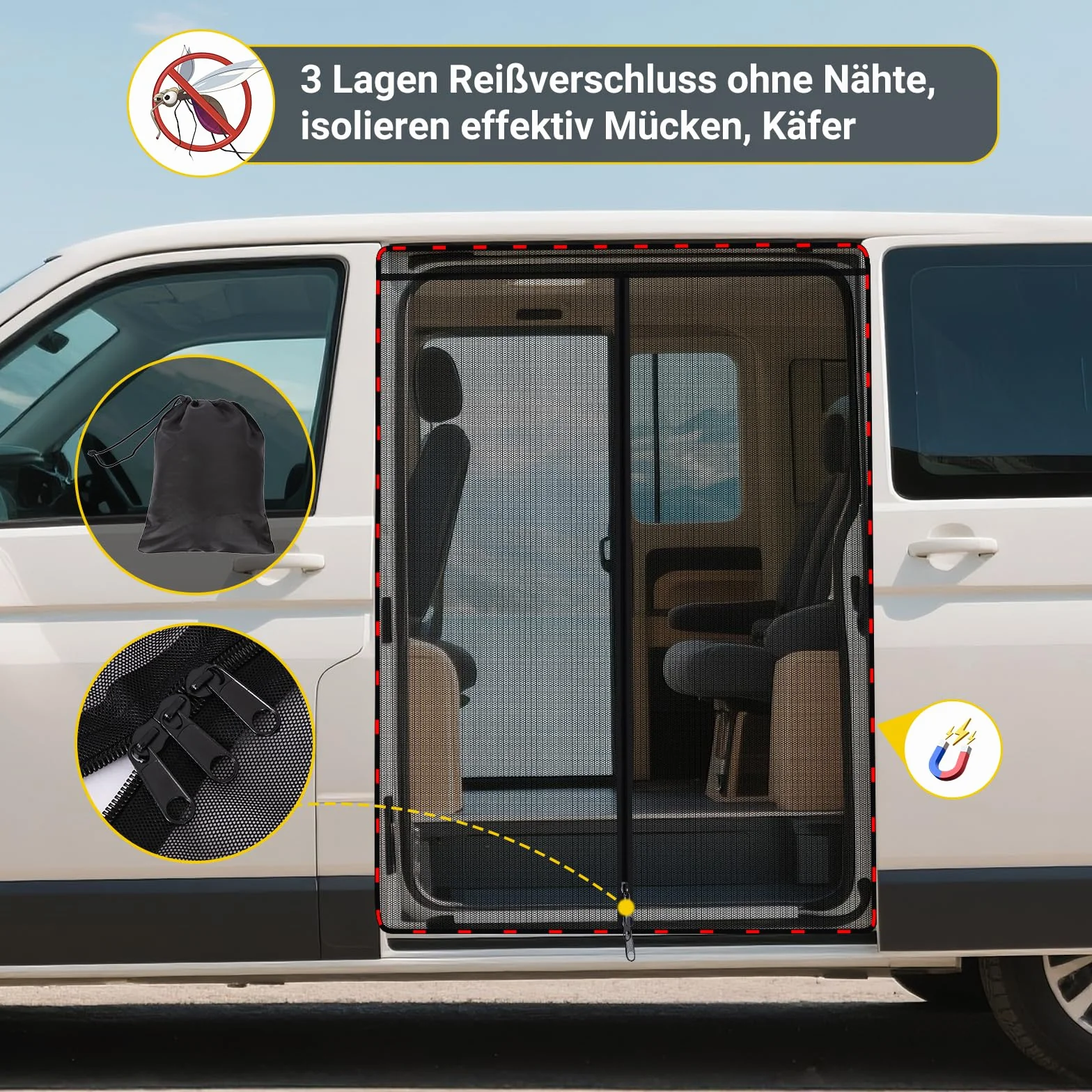 Moskitierka magnetyczna dla VW T5 T6 drzwi przesuwnych | Sieć przeciwkomary i moskitierka z zamkiem na środku | Ochrona przeciwsłoneczna jako akcesorium kempingowe dla Multivan